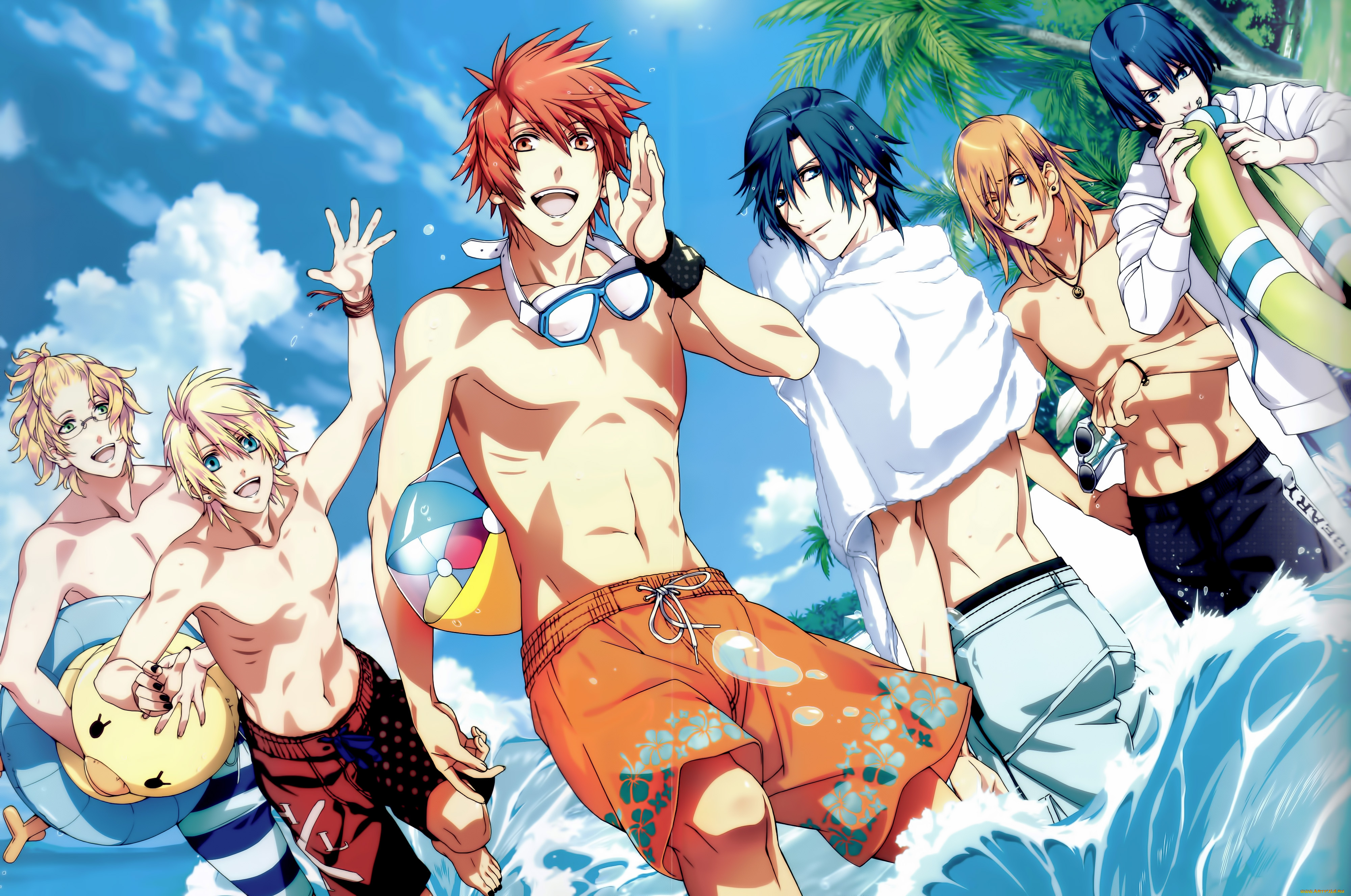 аниме, uta, no, prince-sama, вода, море, пляж, парни, очки, полотенце, круг, мяч, капли, веселье, океан, солнце, облака, пальмы, небо