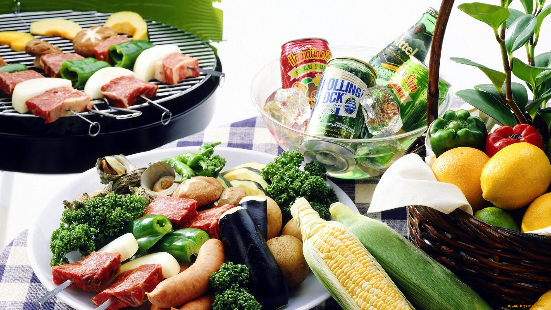 еда, шашлык, , барбекю, овощи, мясо, напитки, лимон, кукуруза
