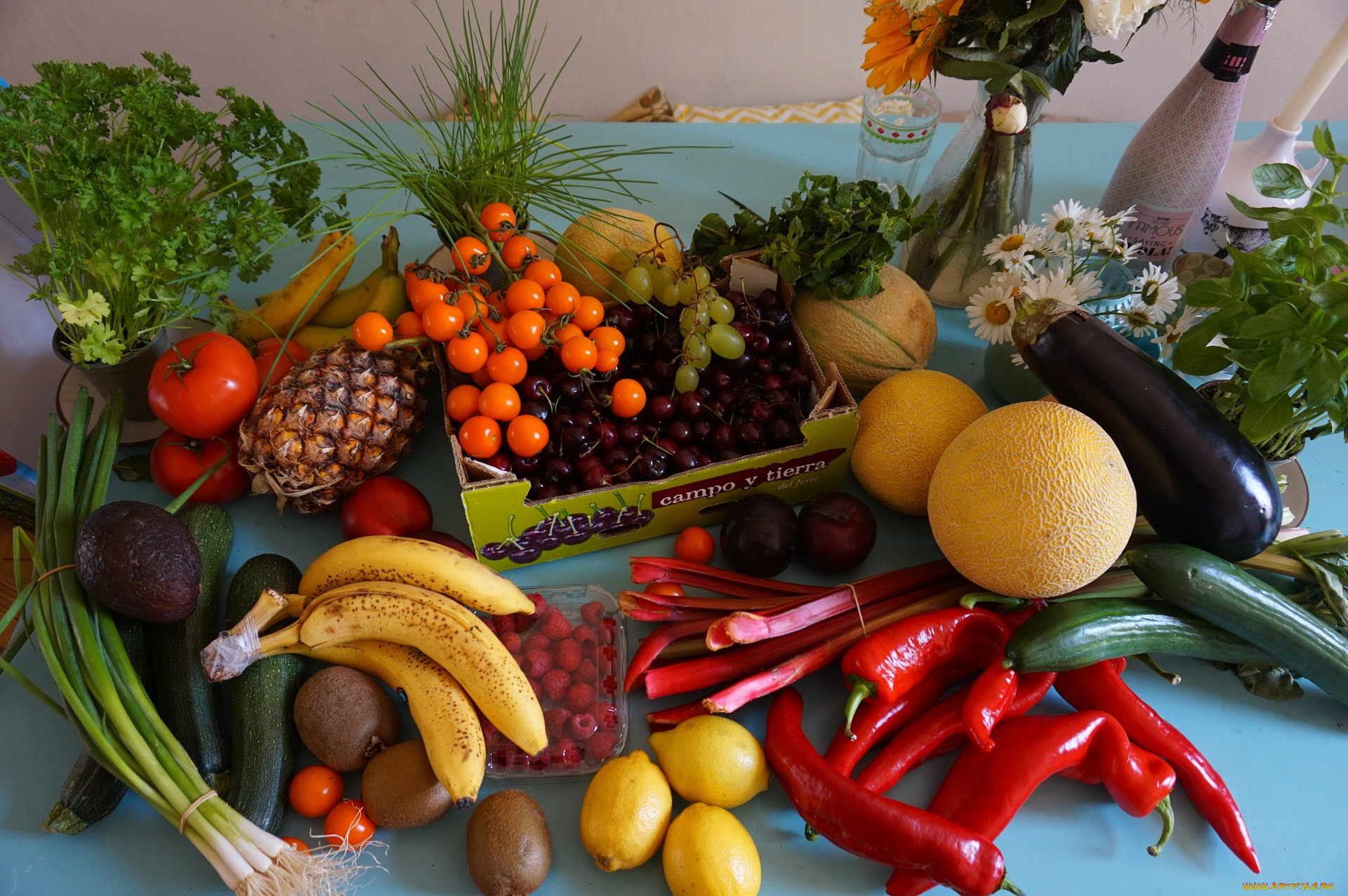 еда, фрукты, и, овощи, вместе, ананас, малина, лимон, бананы, лук, хурмаеда, вишня