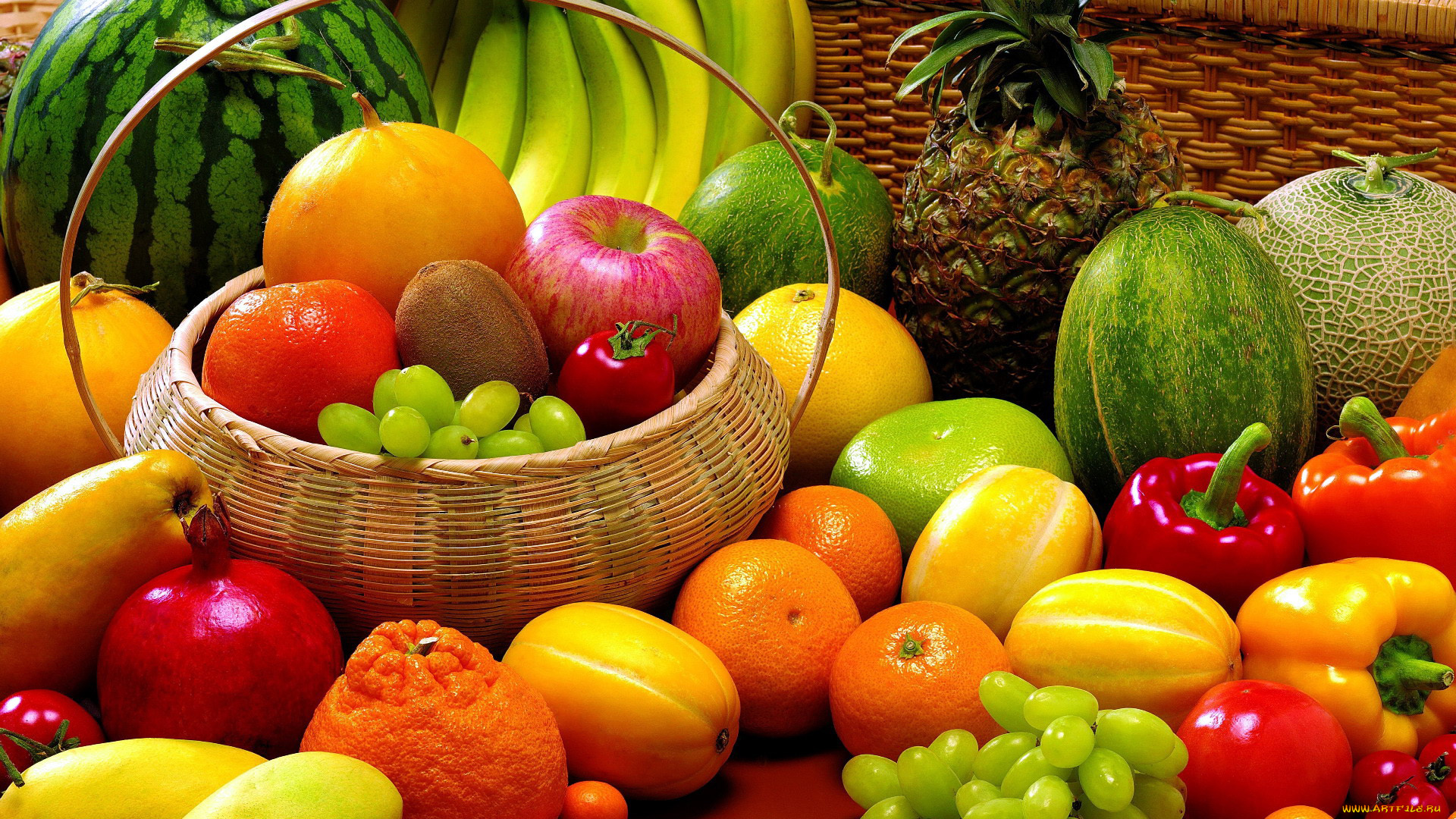 еда, фрукты, и, овощи, вместе, ананас, арбуз, бананы, цитрусы, перец, виноград