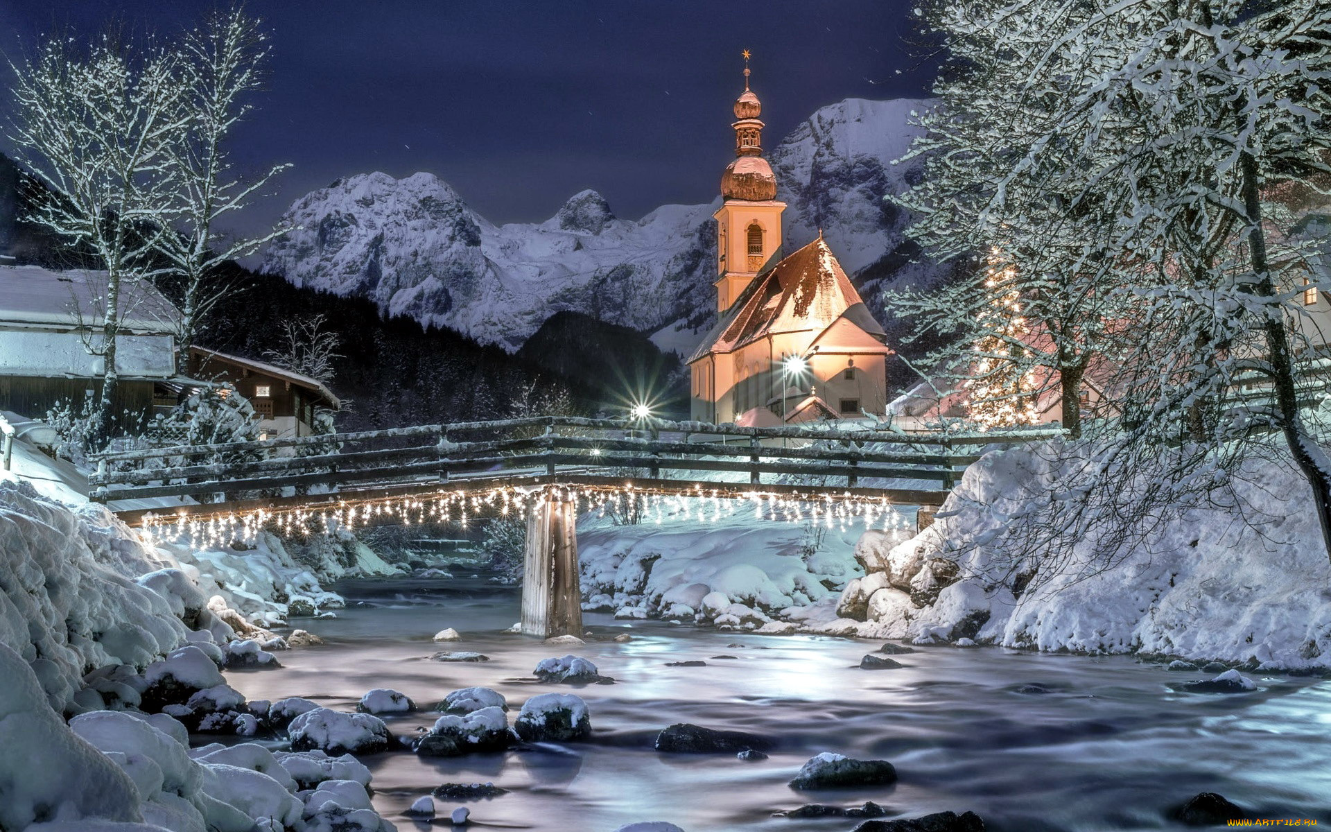 berchtesgaden, города, -, мосты, зима, река, мост, снег