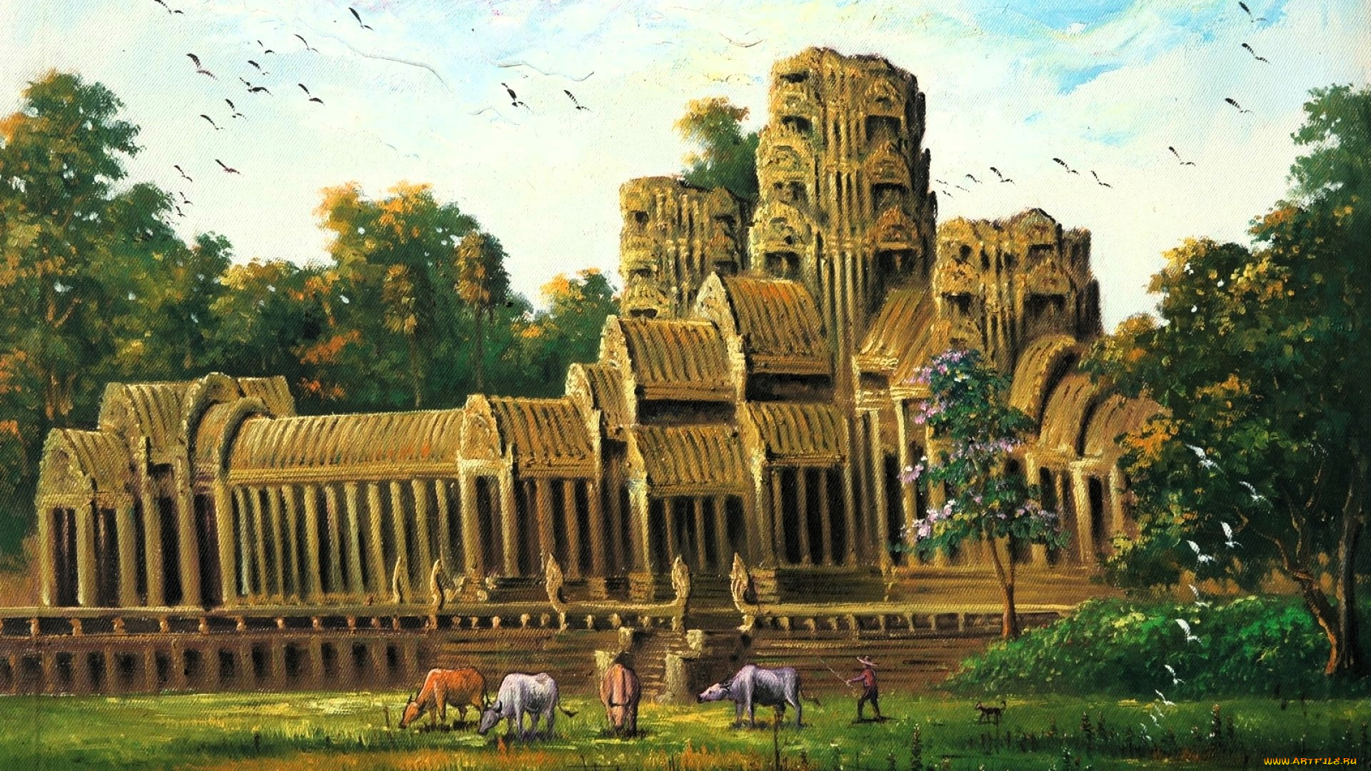 рисованное, живопись, храм, люди, буйволы, лес