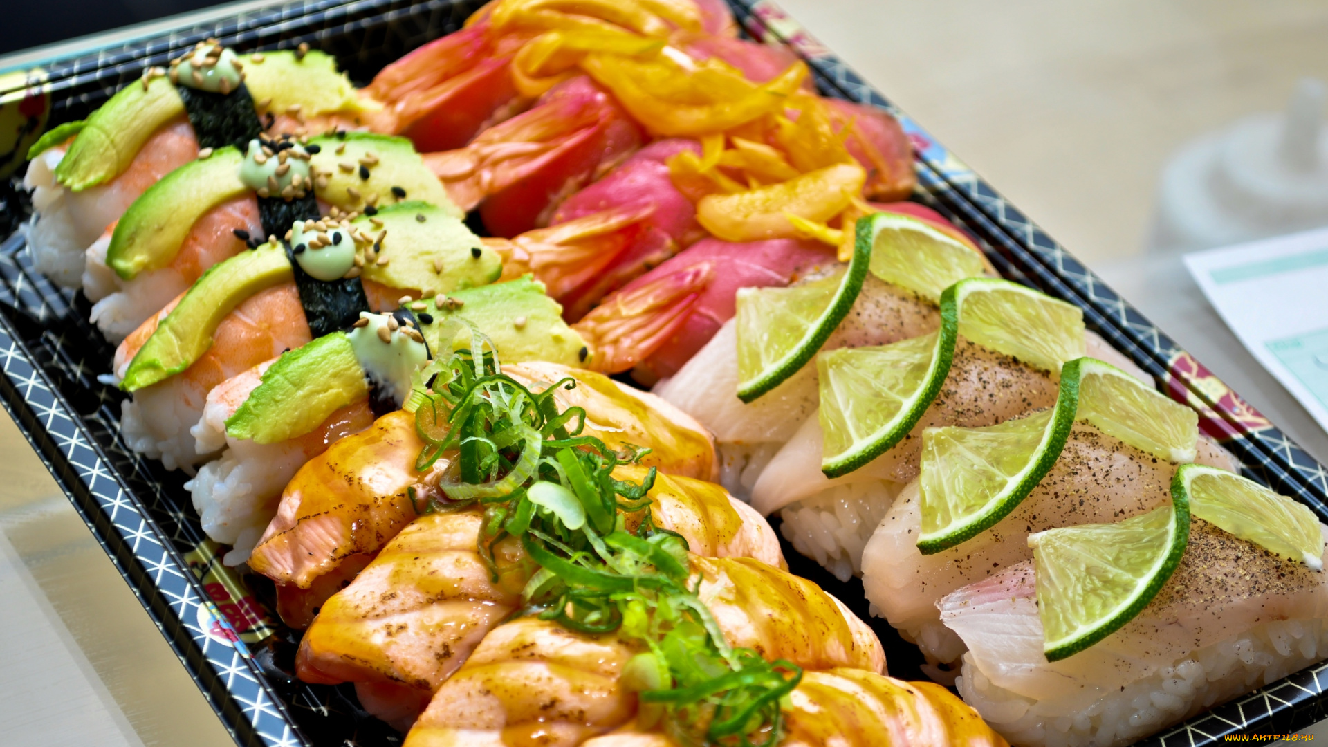 еда, рыба, морепродукты, суши, роллы, лайм, авокадо, сашими