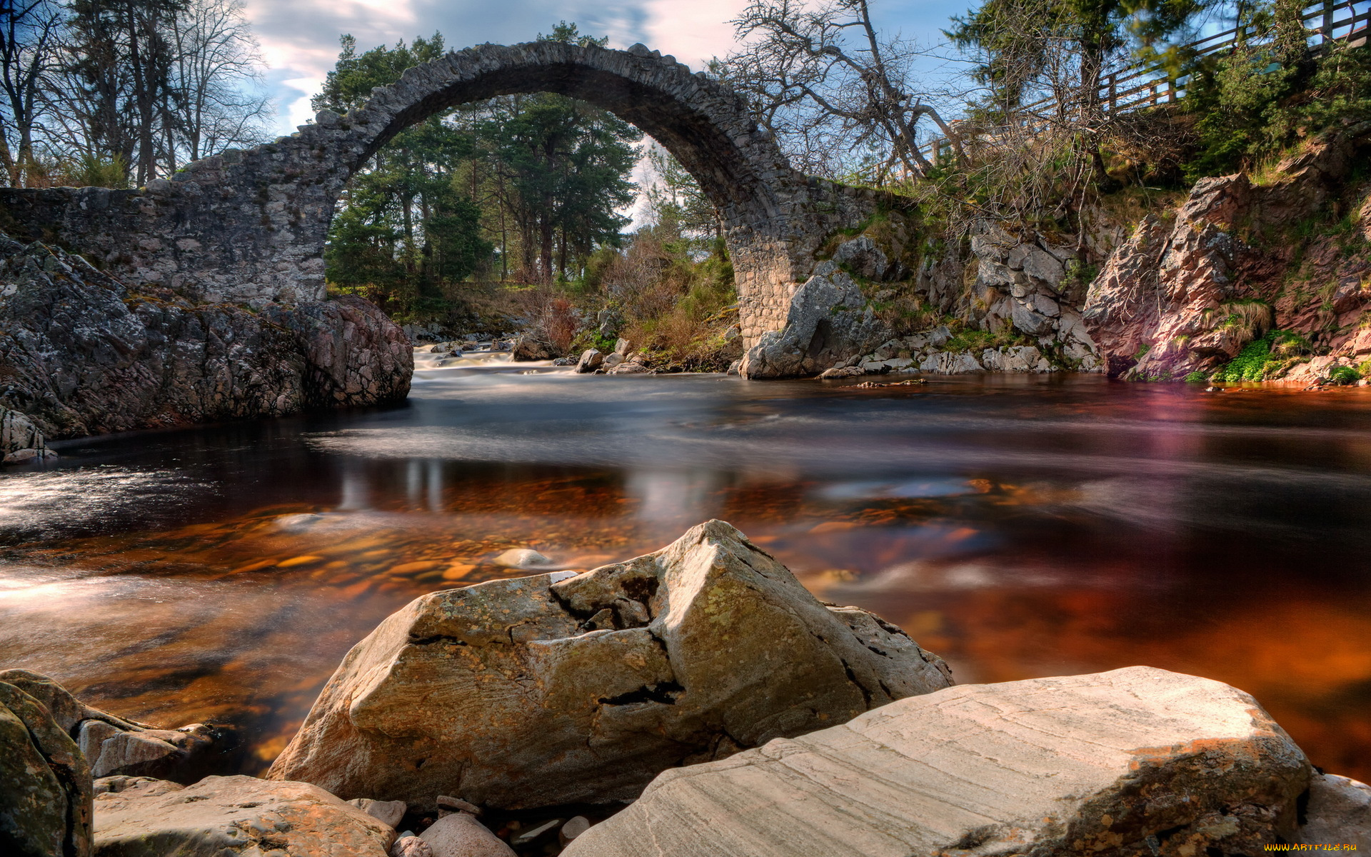 природа, реки, озера, мост-арка, каменный, деревья, камни, река