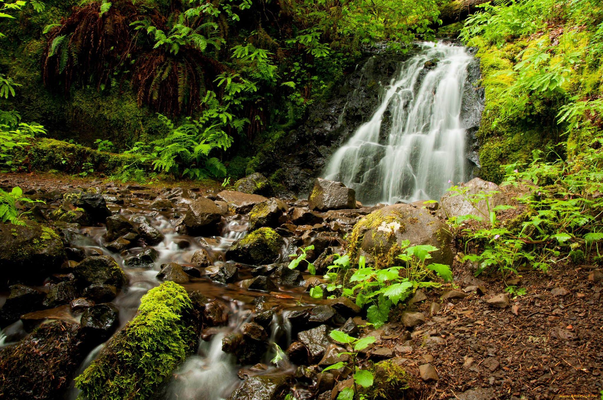 природа, водопады, камни, вода, зелень