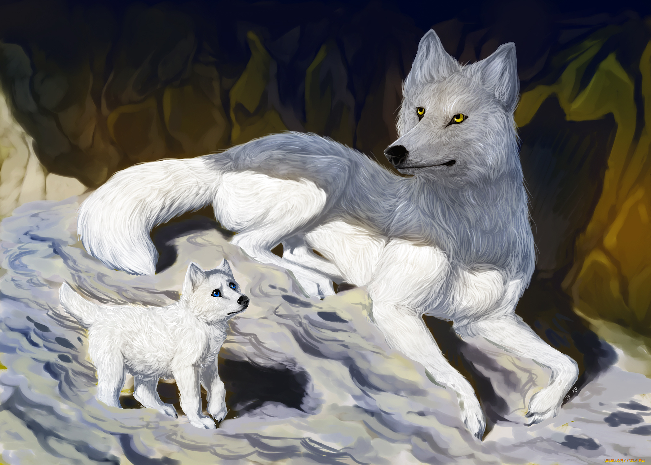 рисованные, животные, волки, волчица, волчонок