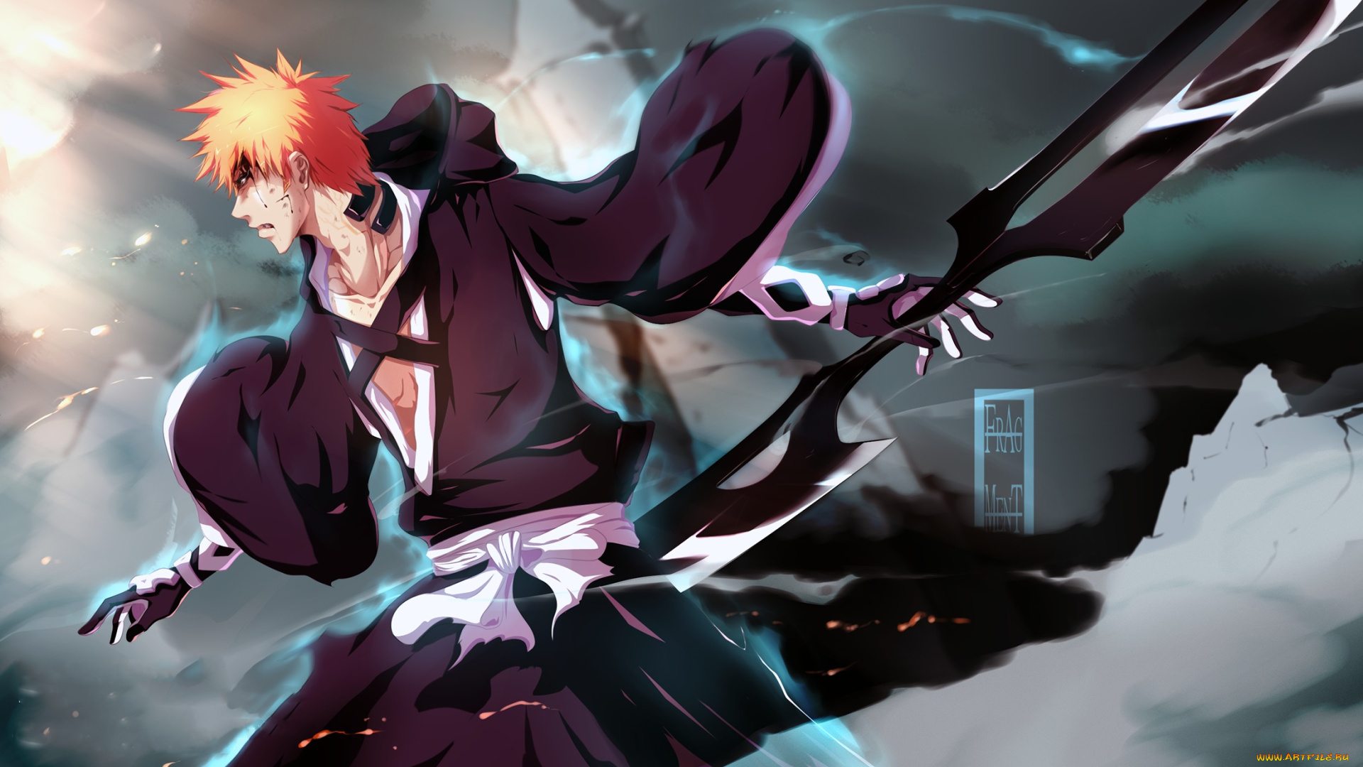 аниме, bleach, кровь, оружие, блич, дым, магия, раны, art, ifragmentix, парень, kurosaki, ichigo