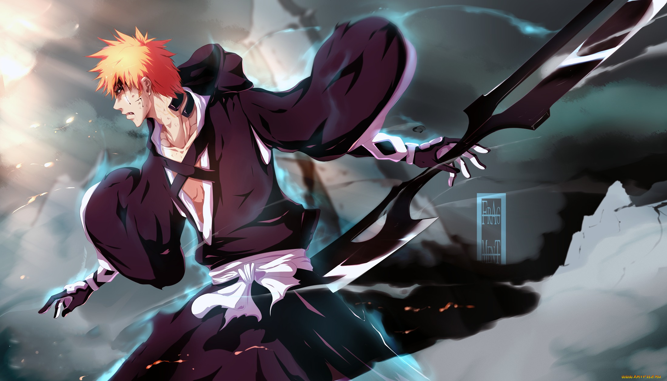 аниме, bleach, кровь, оружие, блич, дым, магия, раны, art, ifragmentix, парень, kurosaki, ichigo