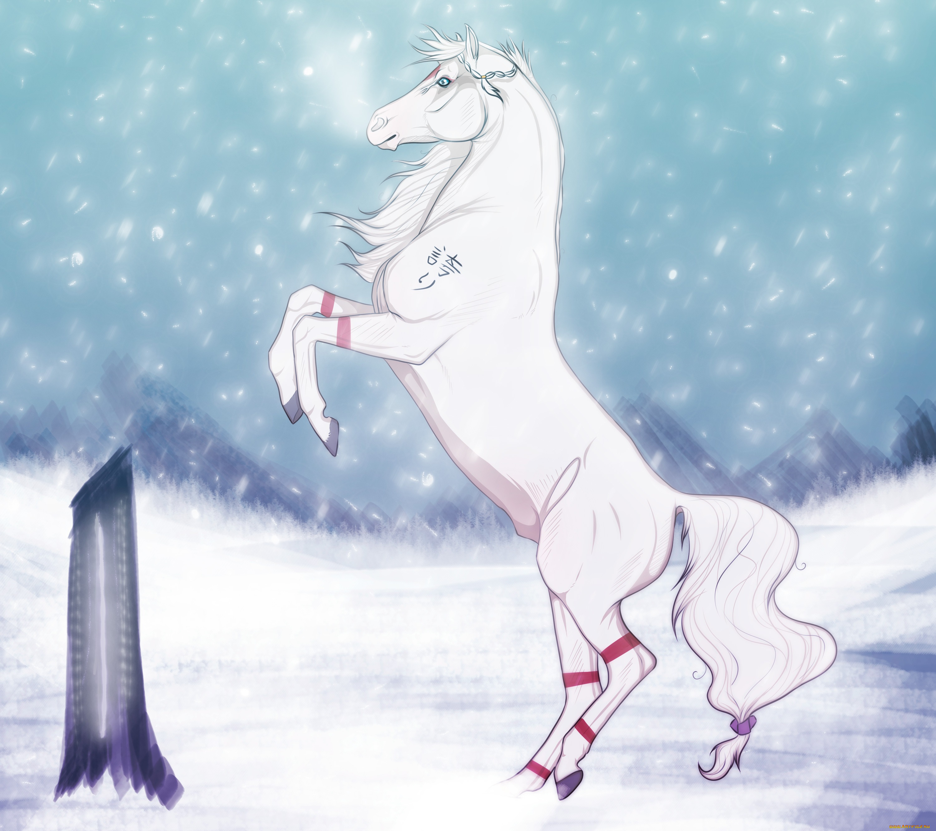 рисованные, животные, , лошади, снег, белая, лошадь