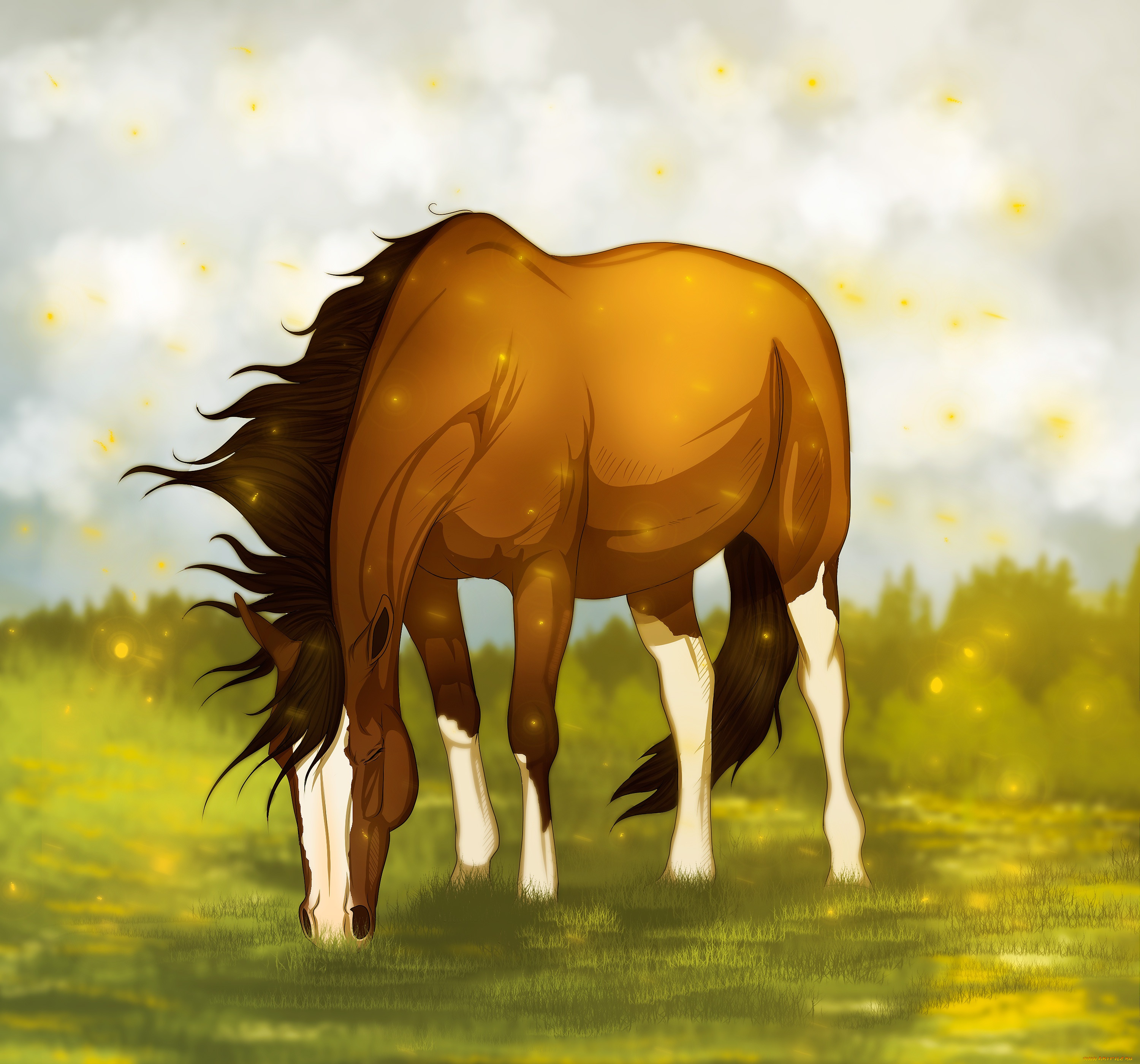 рисованные, животные, , лошади, лошадь, трава, коричневая
