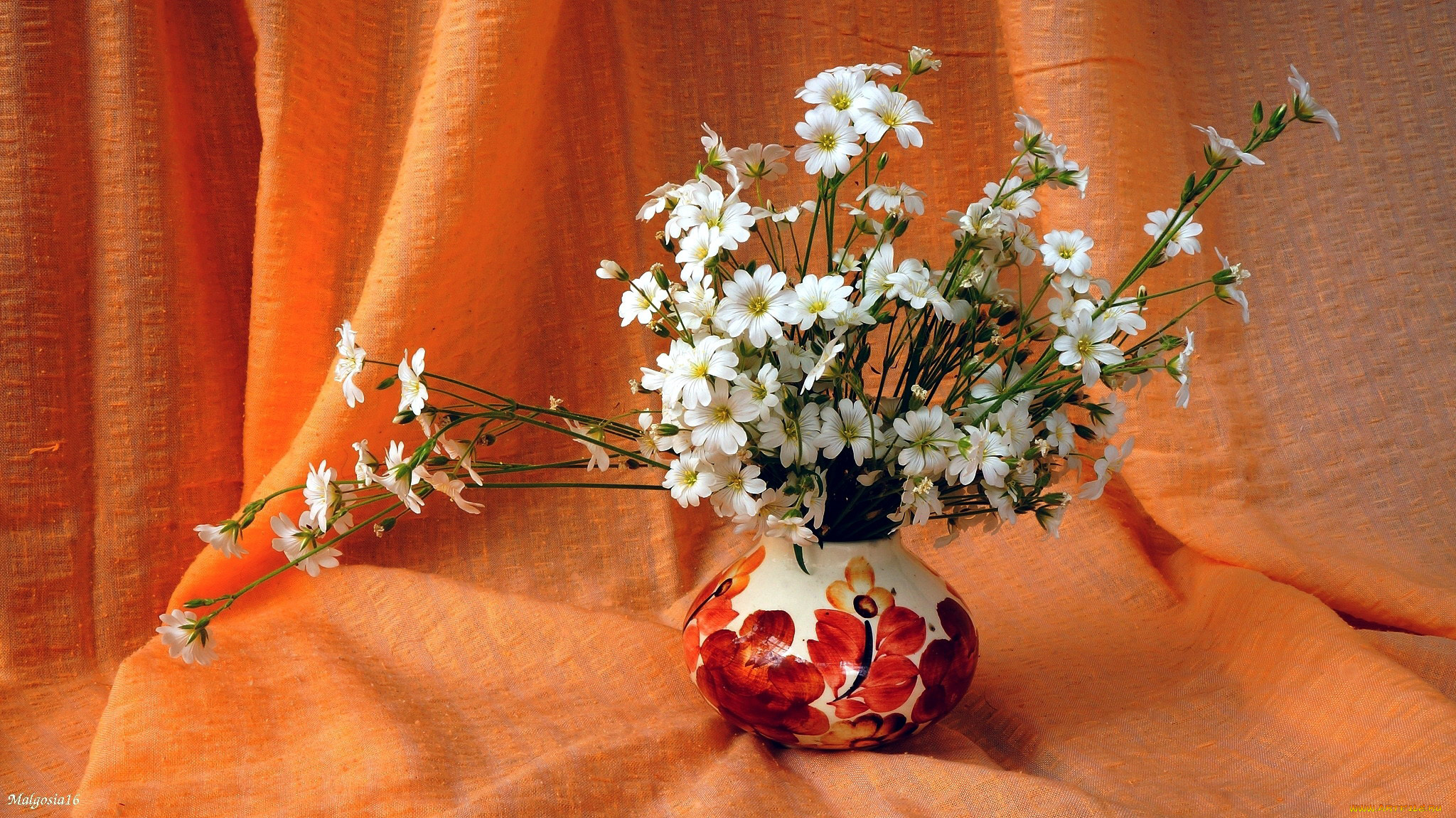цветы, Ясколка, букет, ваза, драпировка