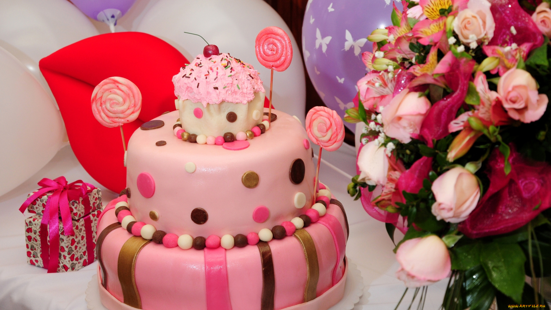 еда, торты, день, рождения, подарки, цветы, шары, торт