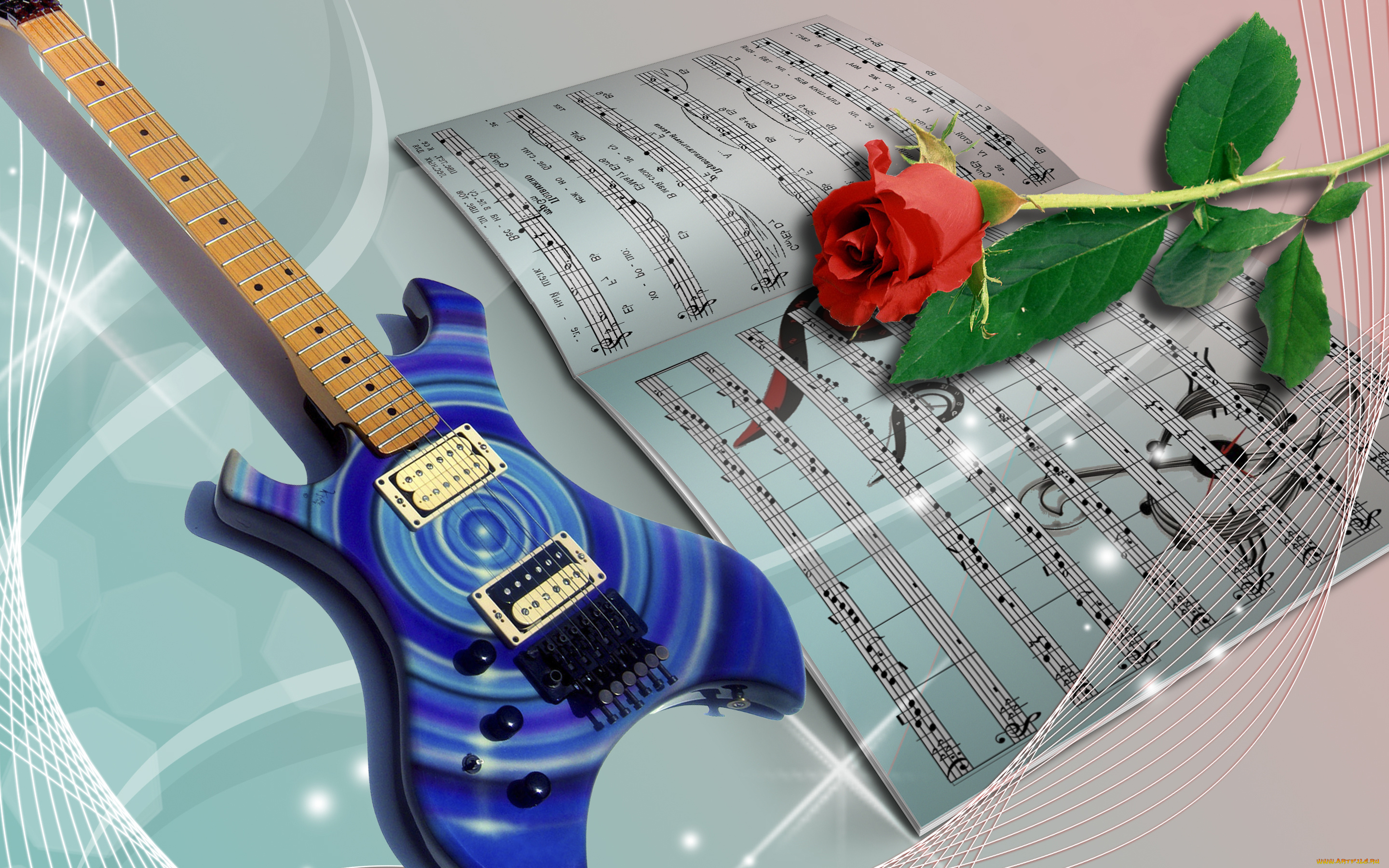 музыка, -музыкальные, инструменты, роза, ноты, гитара