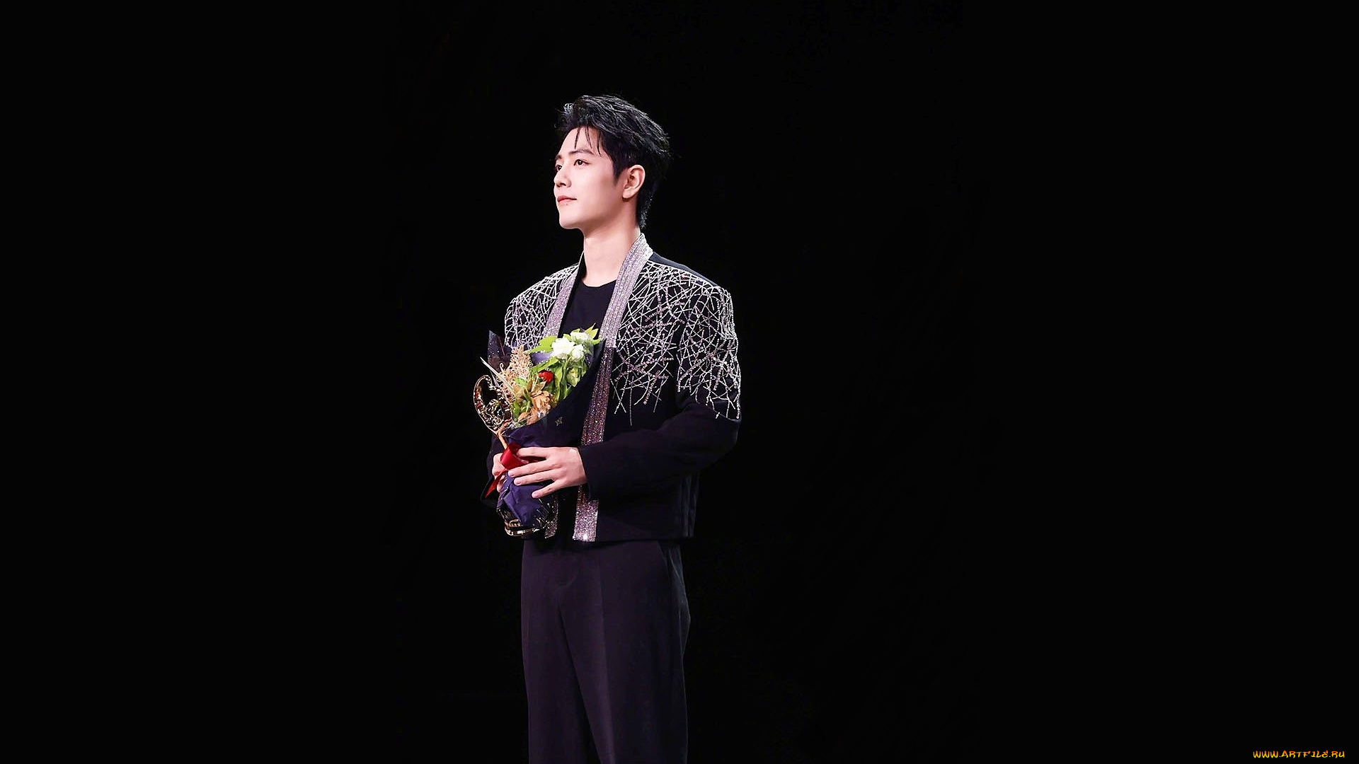 мужчины, xiao, zhan, актер, сцена, цветы