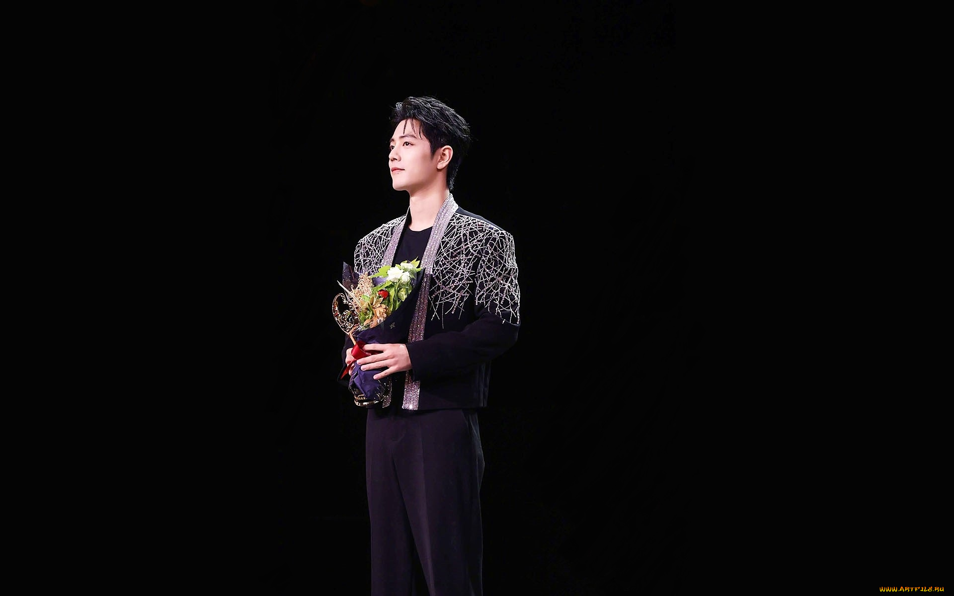 мужчины, xiao, zhan, актер, сцена, цветы