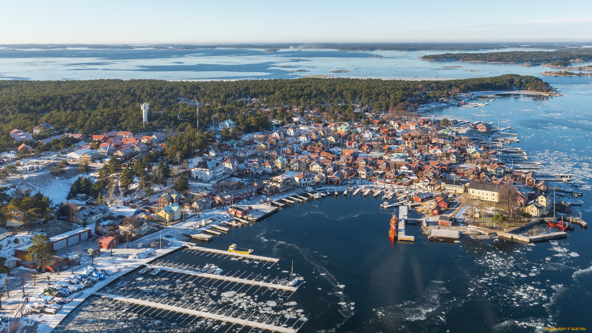 sandhamn, швеция, города, панорамы, панорама, дома, причалы, суда