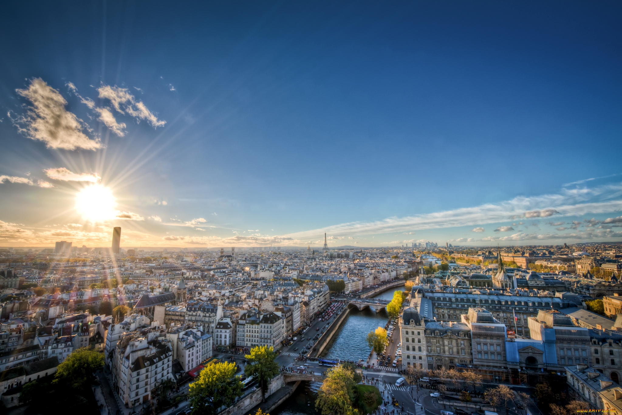 города, париж, франция, панорама, солнце