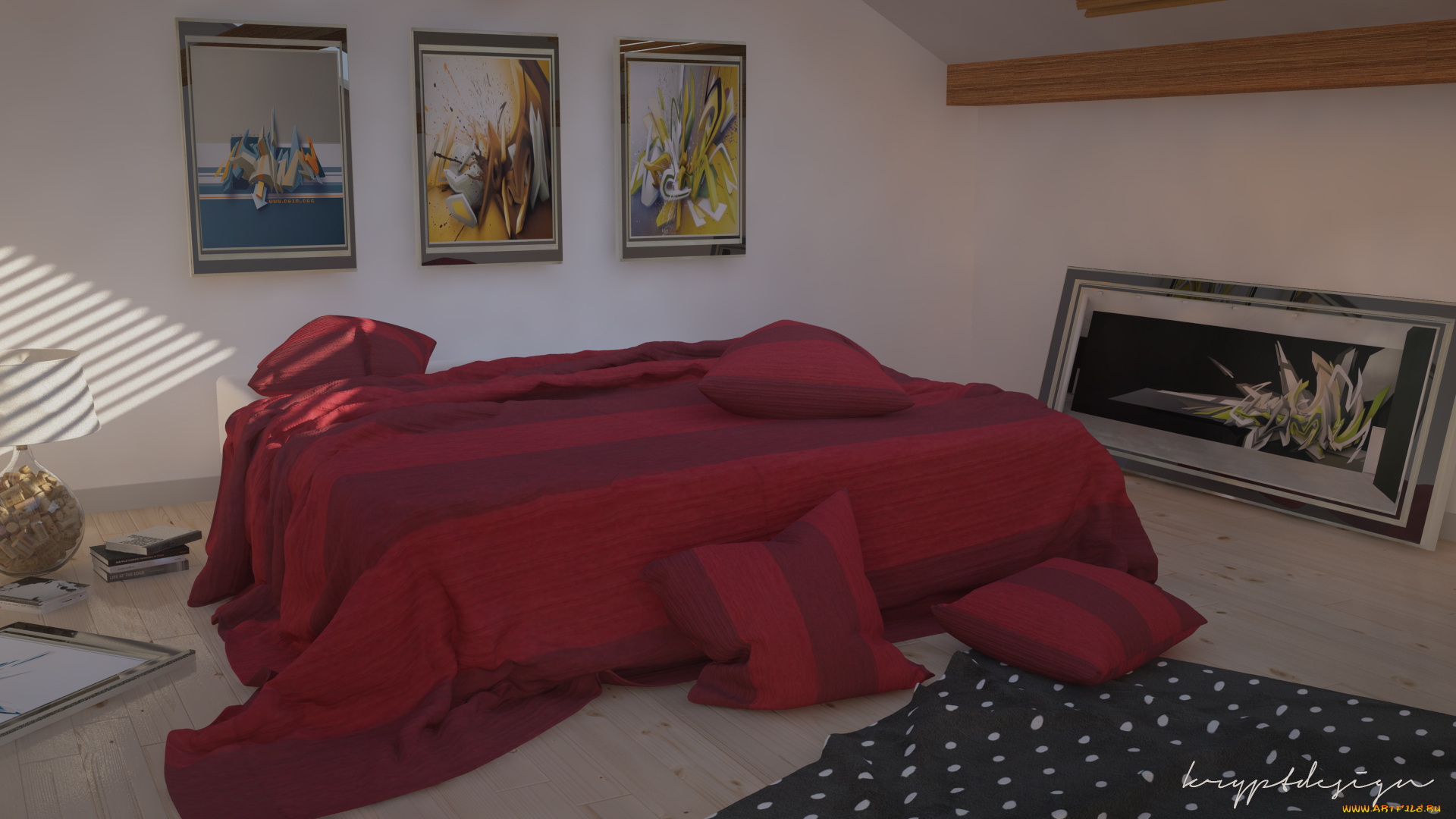 3д, графика, реализм, , realism, комната, подушки, кровать, интерьер