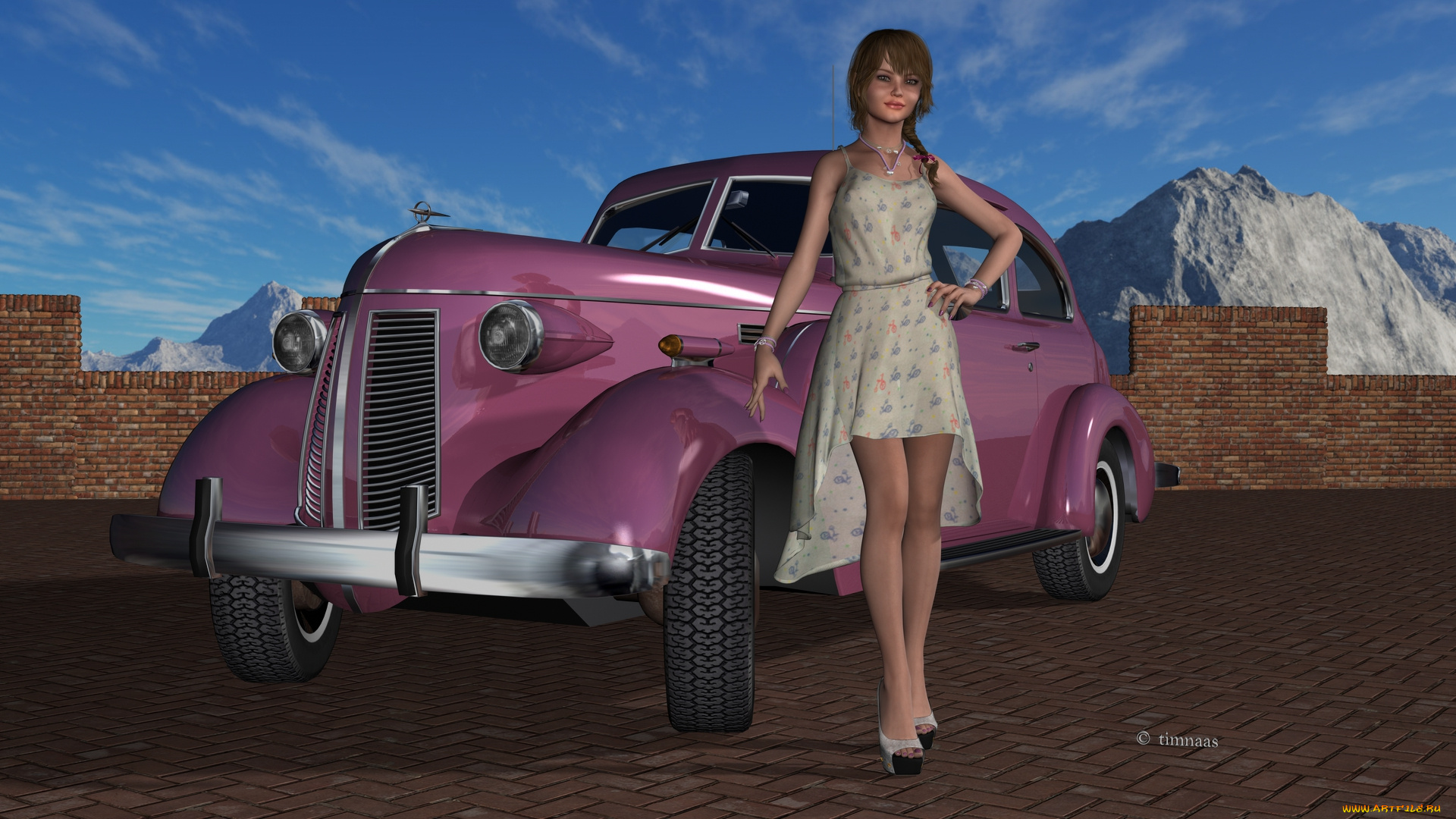 автомобили, 3d, car&girl, фон, автомобиль, взгляд, девушка