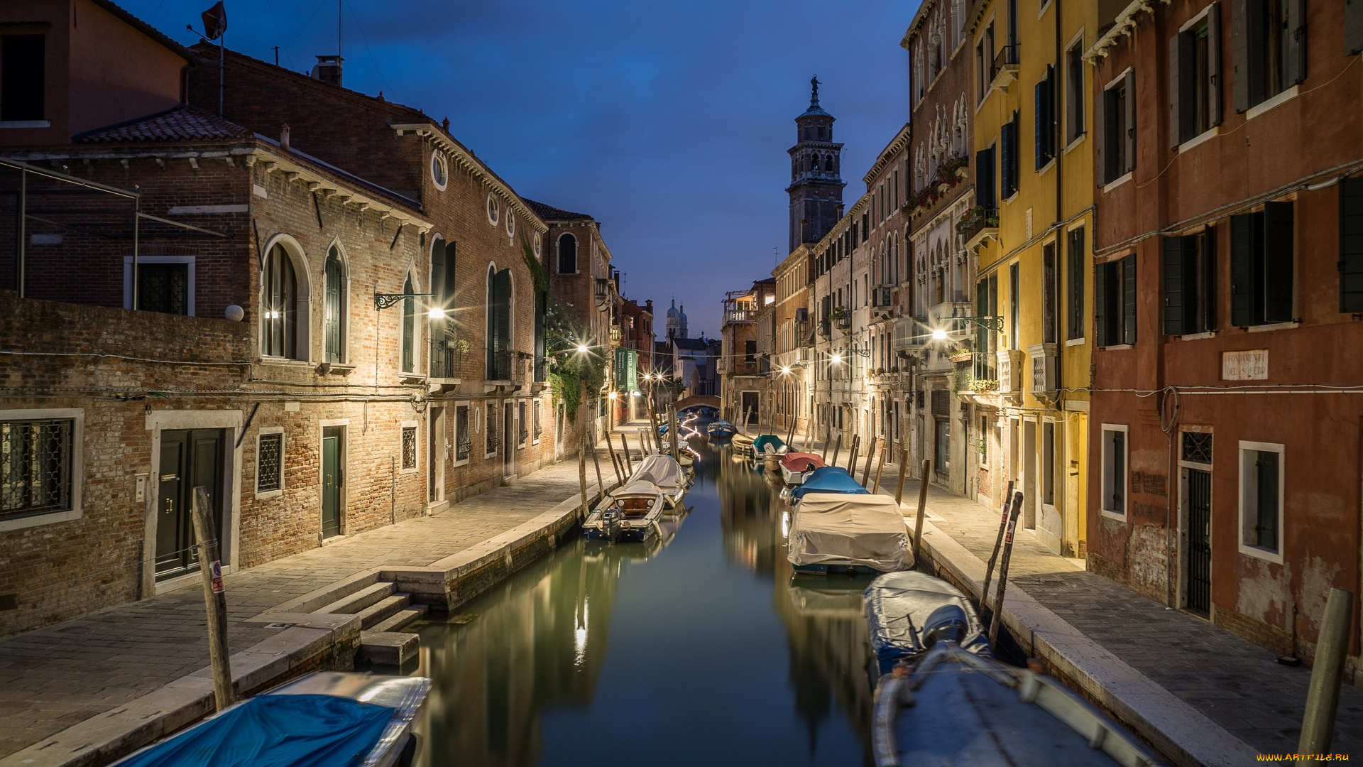 венеция, города, венеция, , италия, ночь, фонари, здания, лодки