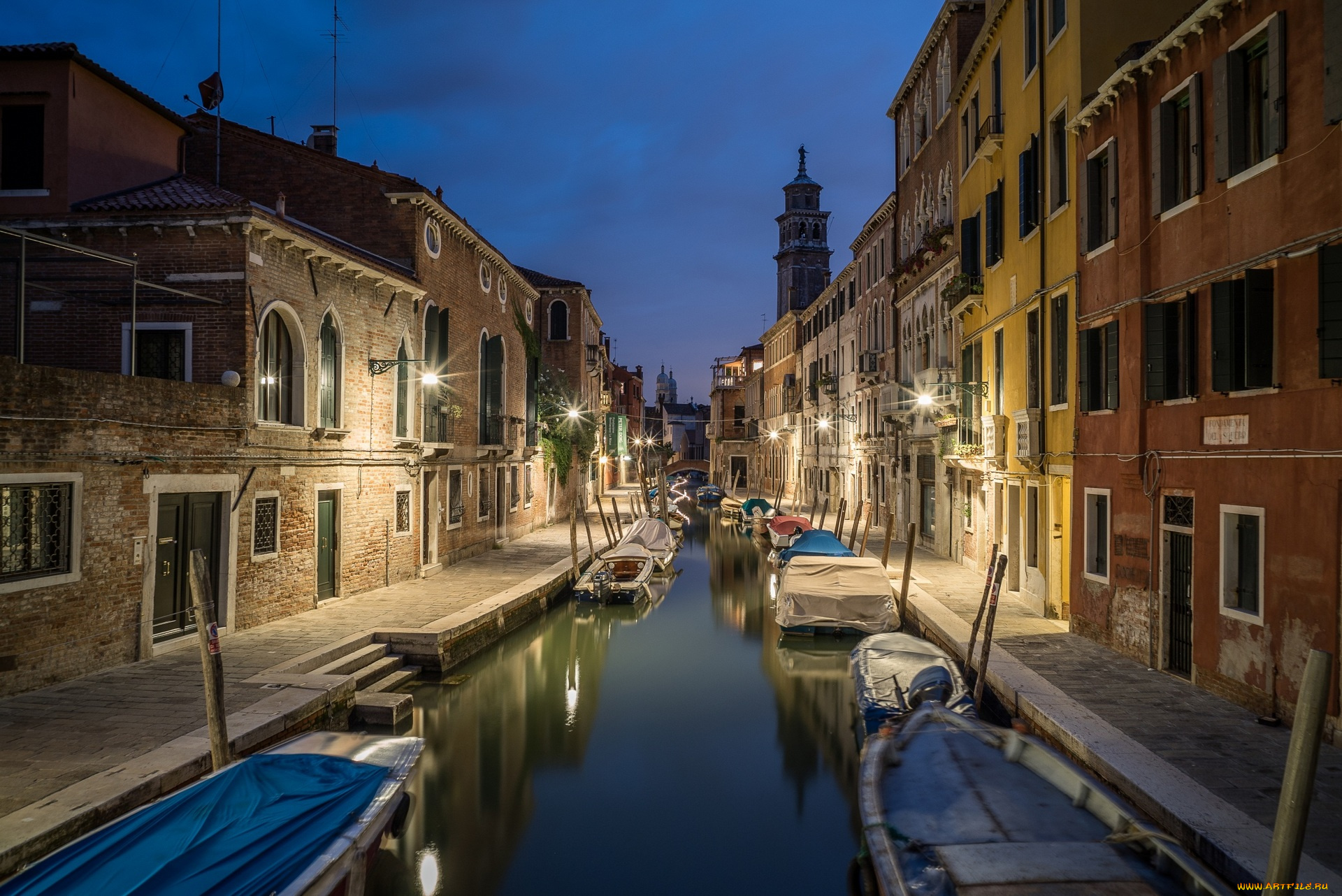 венеция, города, венеция, , италия, ночь, фонари, здания, лодки