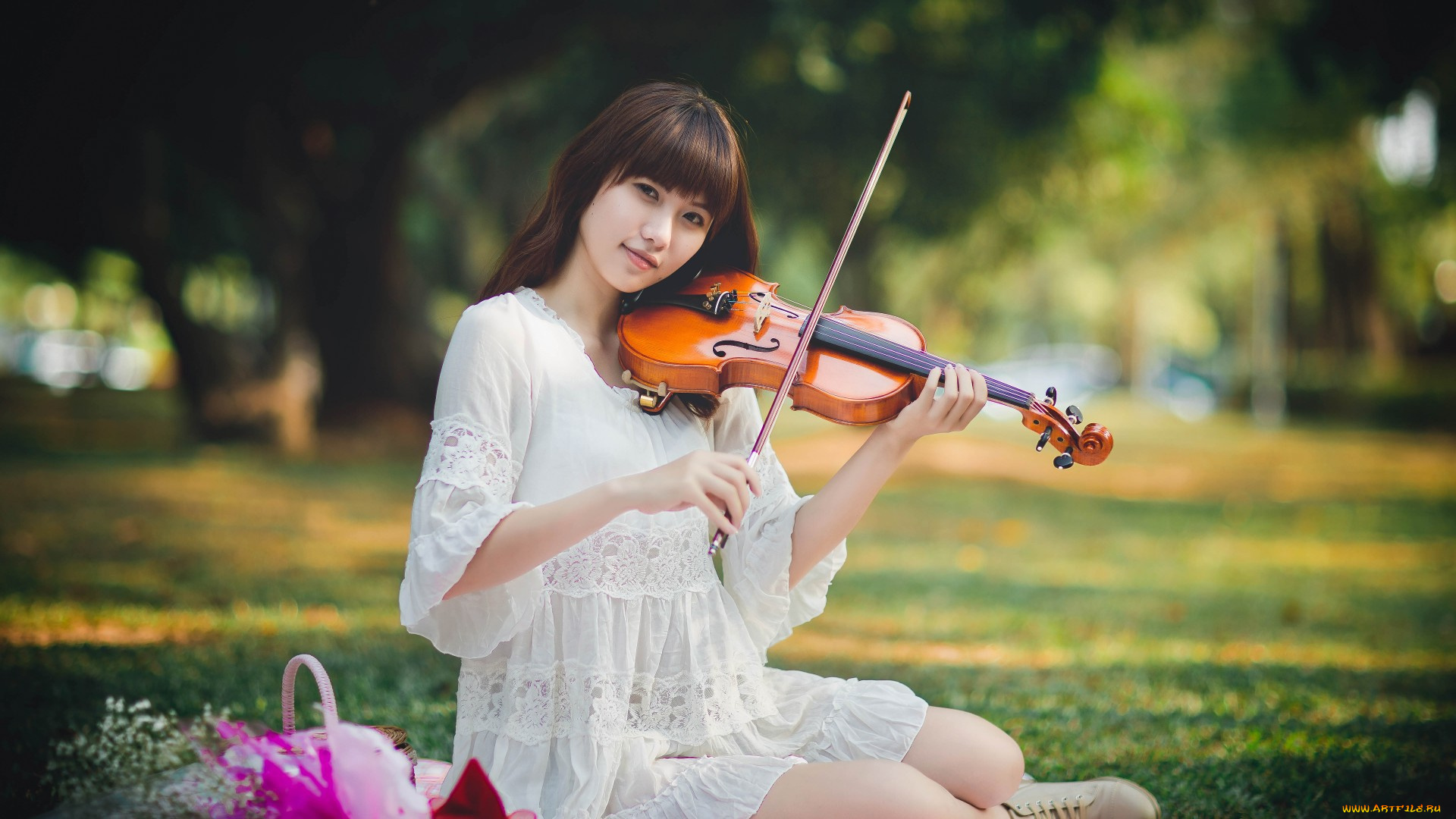музыка, -другое, скрипка, азиатка, девушка, природа, взгляд