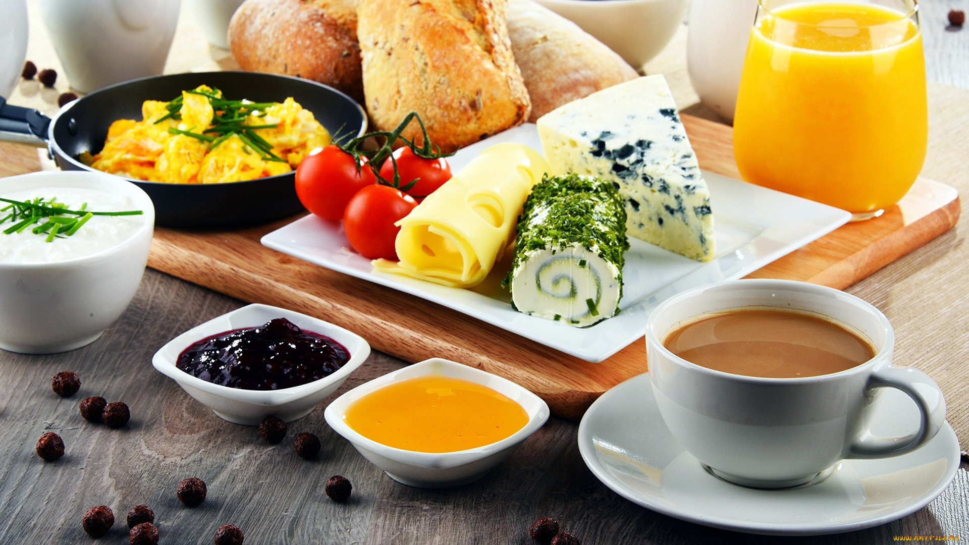 еда, разное, завтрак, хлеб, сыр, джем, мед, кофе, сок, яичница