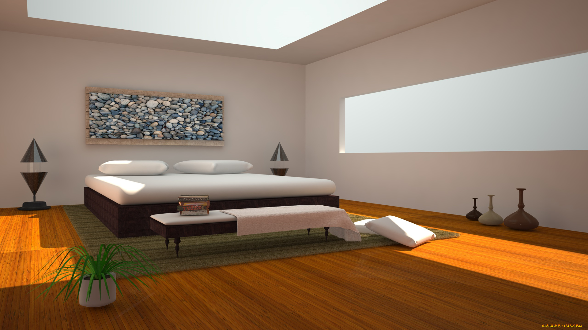 3д, графика, realism, реализм, комната, кровать, стол, вазы, растение