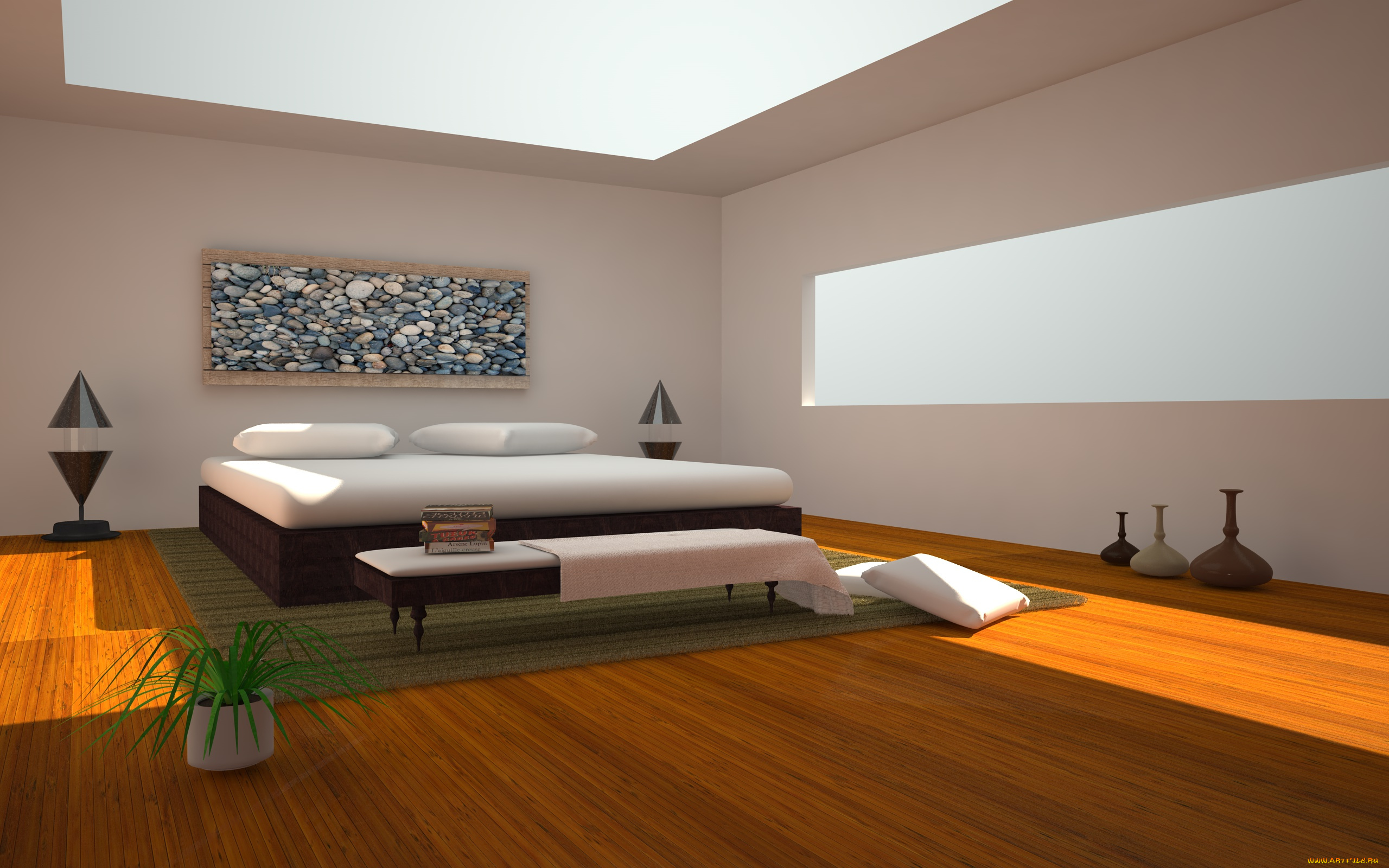 3д, графика, realism, реализм, комната, кровать, стол, вазы, растение
