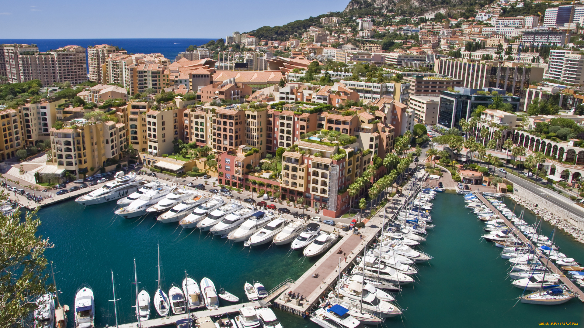 fontvieille, , monaco, города, фонвьей, , монако, здания, яхты, катера, причалы, порт, фонвьей, monaco, набережная, панорама, бухта, гавань