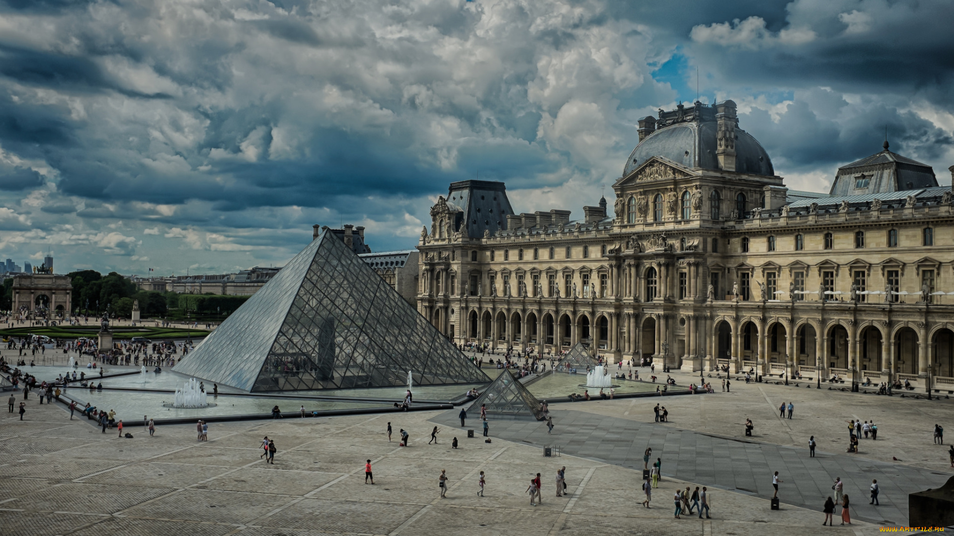 louvre, города, париж, , франция, пирамида, дворец, площадь