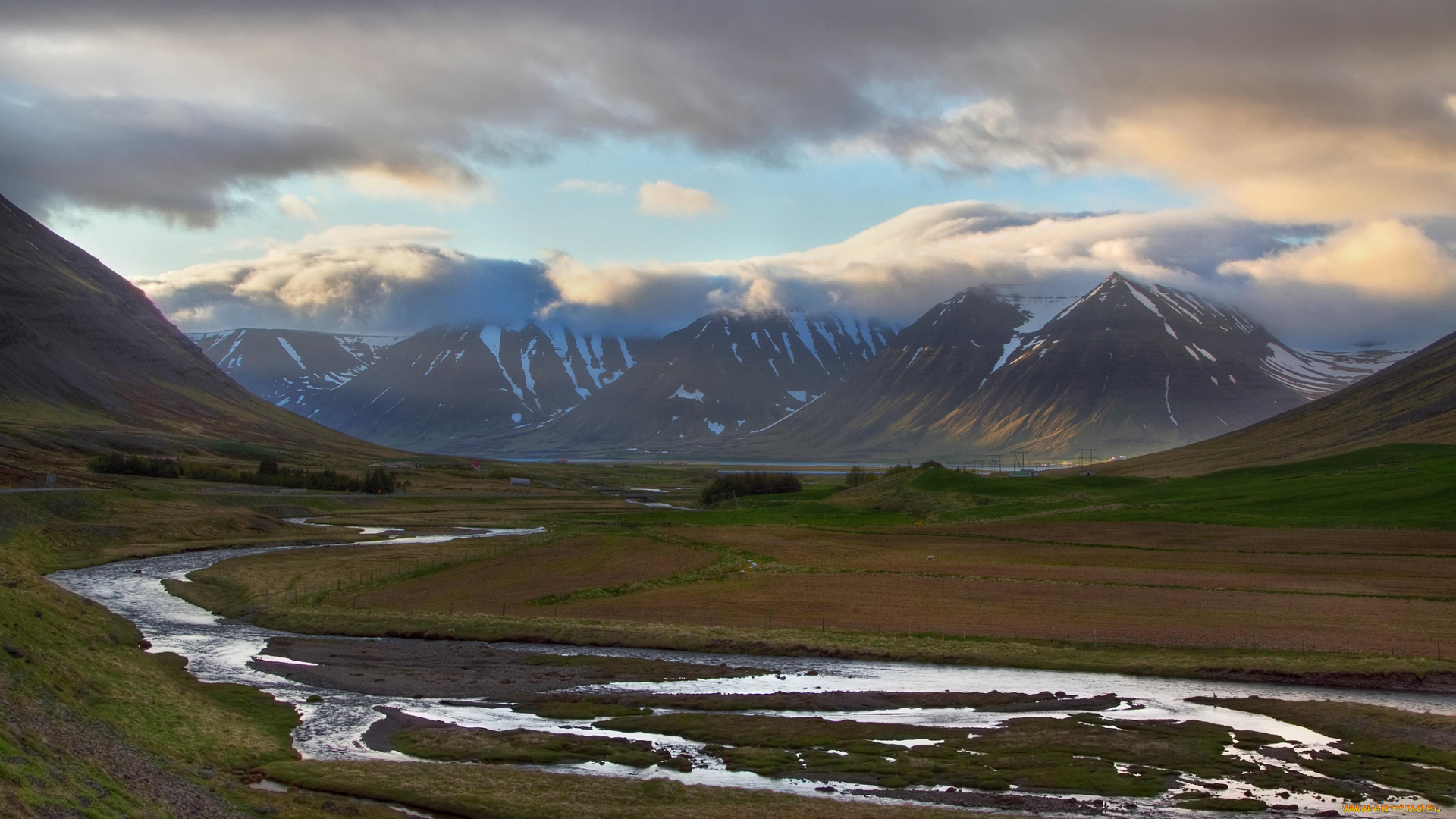 природа, горы, исландия, река, долина, облака