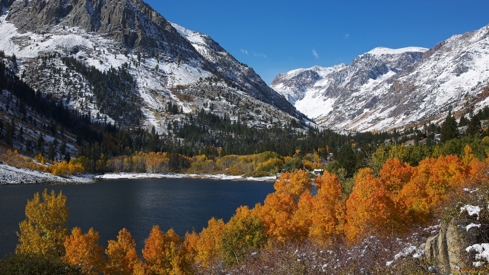 природа, реки, озера, осень, листва, деревья, снег, озеро