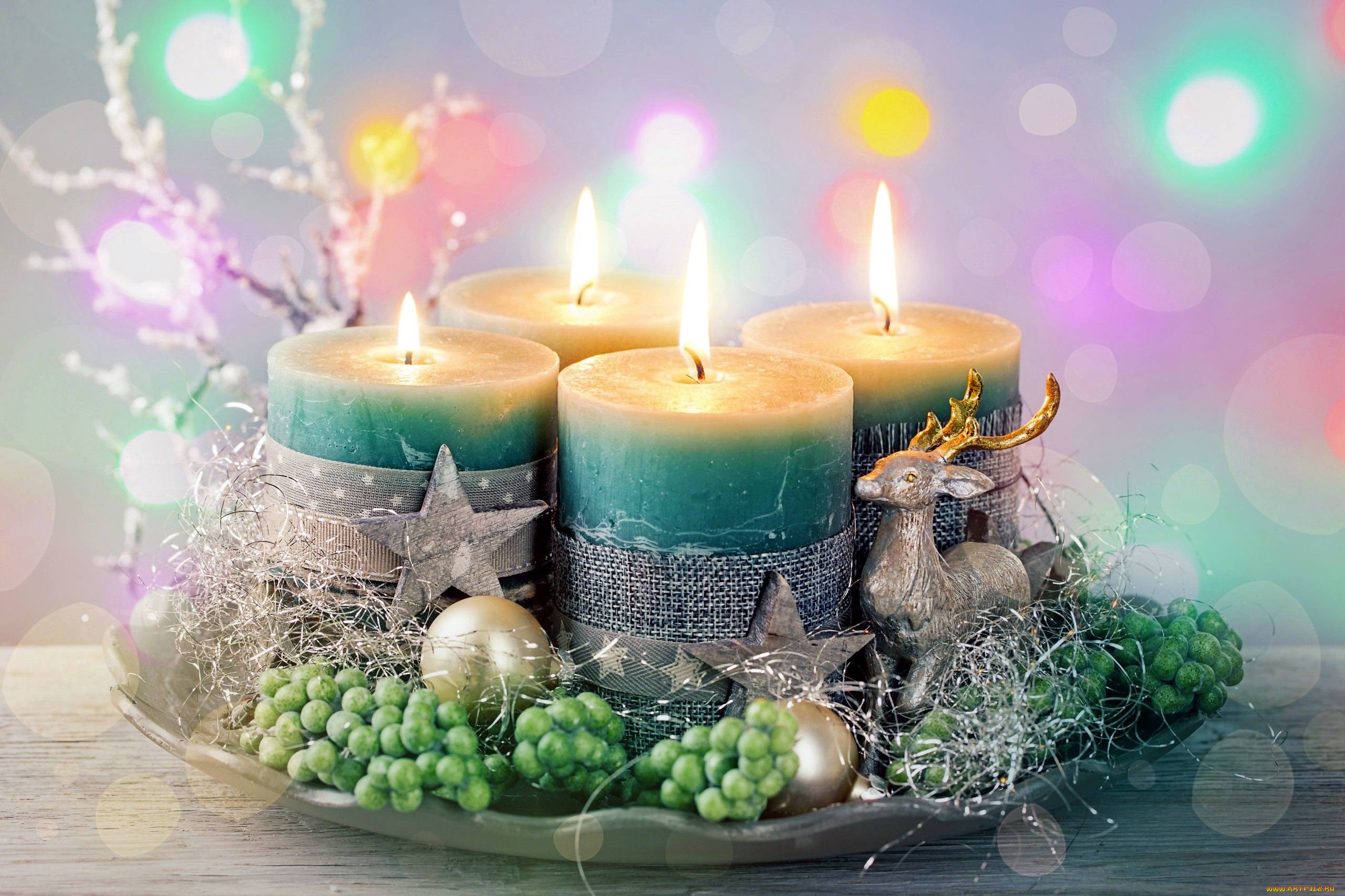 праздничные, новогодние, свечи, олень, огоньки, фигурка