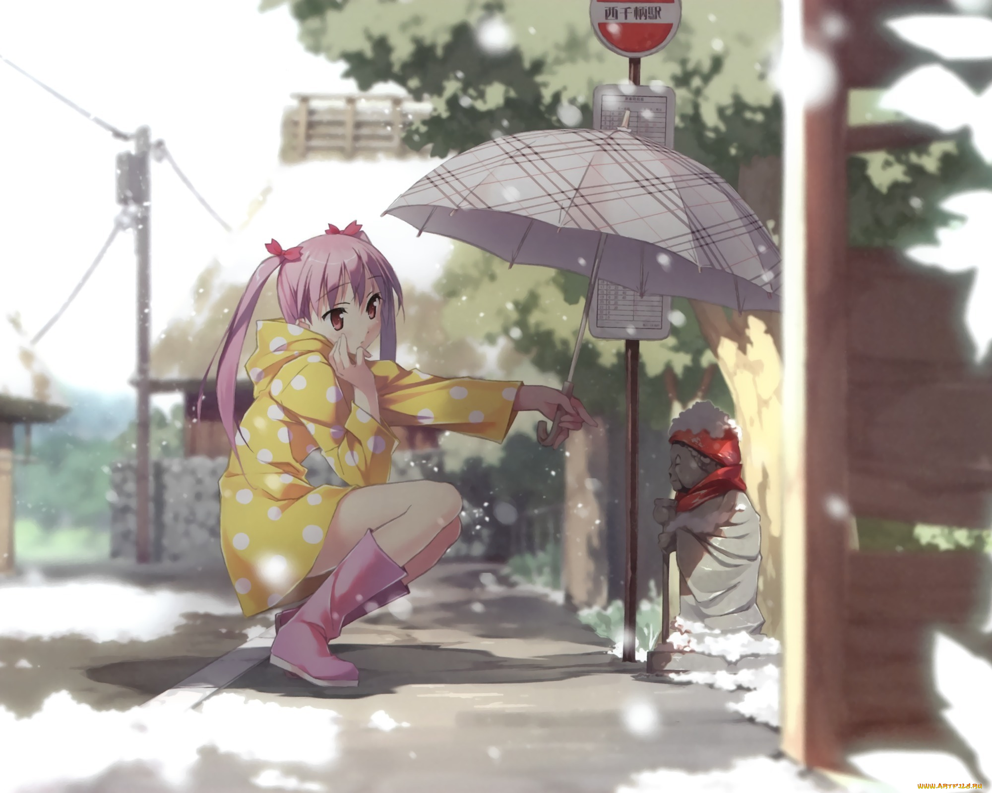 аниме, kantoku, artbook, снег, зима, улица, зонт, девушка