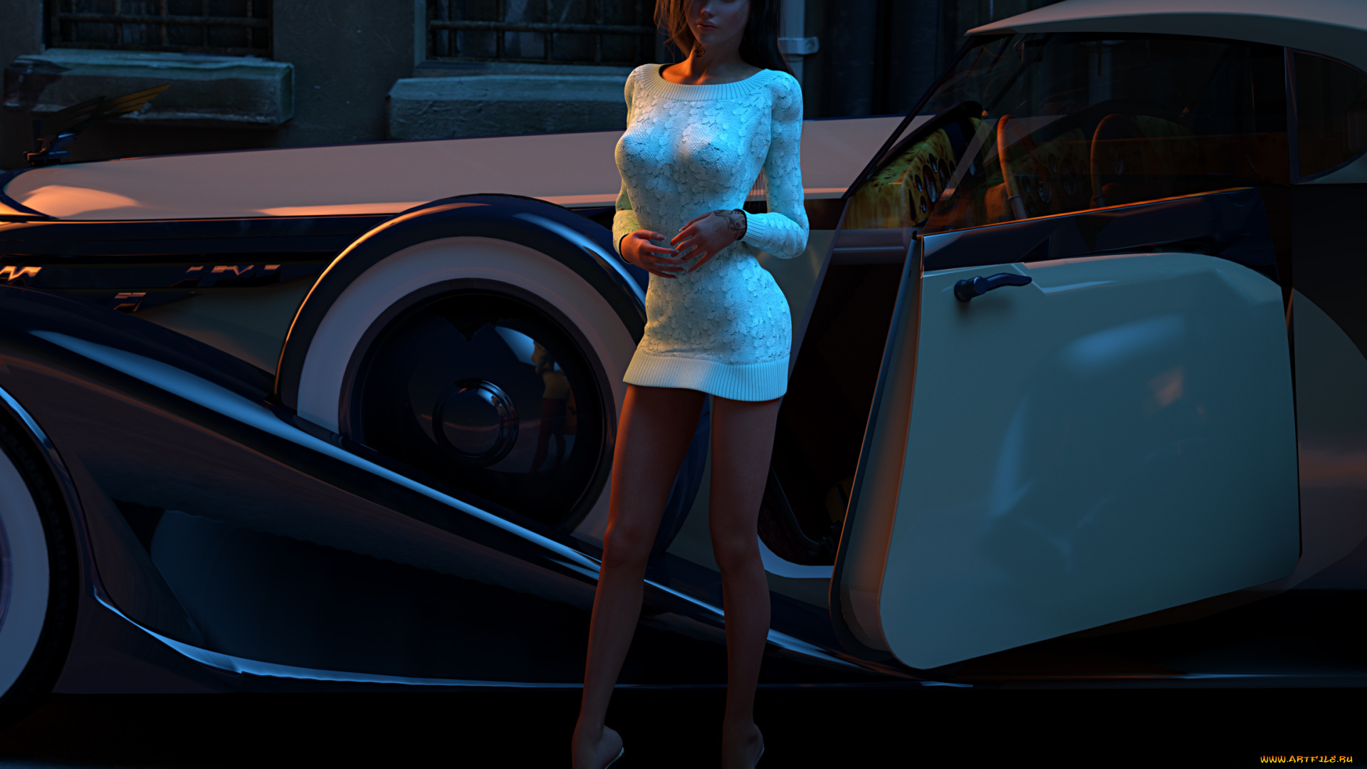 автомобили, 3d, car&girl, взгляд, девушка, автомобиль