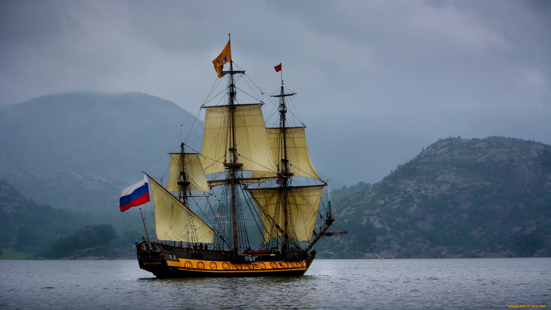 корабли, парусники, море, фрегат, штандарт, парусник, горы, норвежское, norway, norwegian, sea, норвегия
