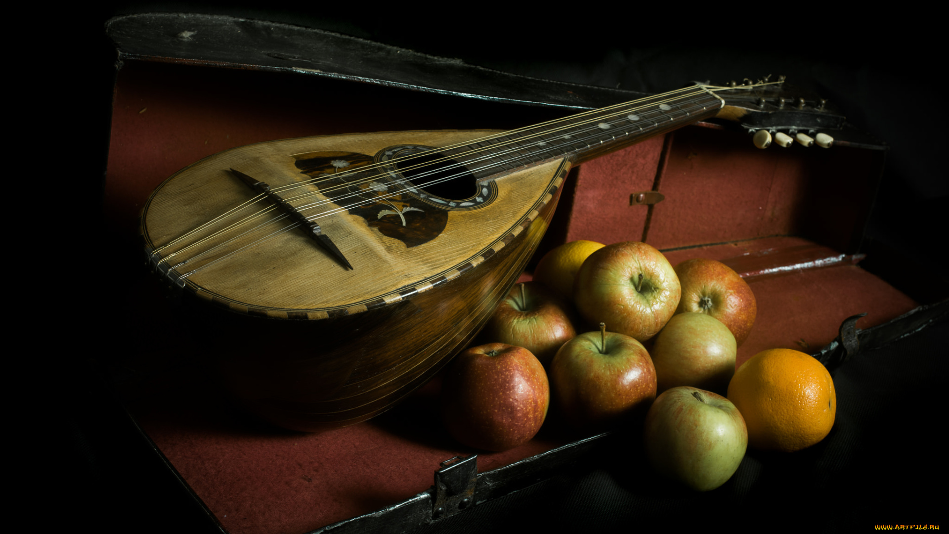 mandolin, and, fruit, музыка, -музыкальные, инструменты, мандолина, яблоки, футляр