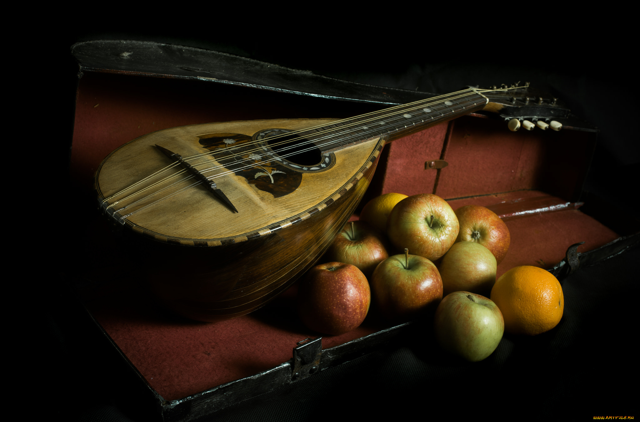 mandolin, and, fruit, музыка, -музыкальные, инструменты, мандолина, яблоки, футляр