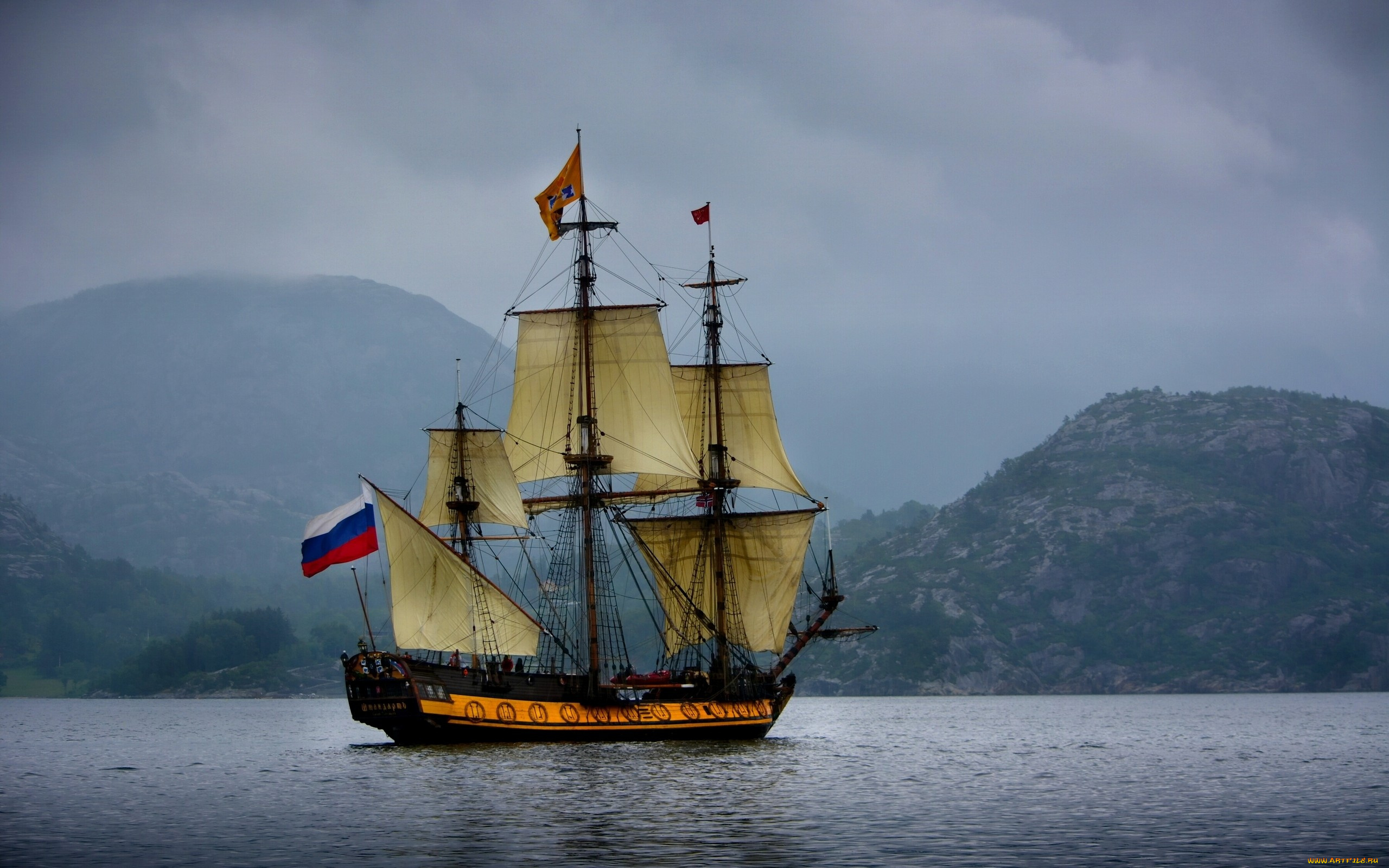 корабли, парусники, море, фрегат, штандарт, парусник, горы, норвежское, norway, norwegian, sea, норвегия