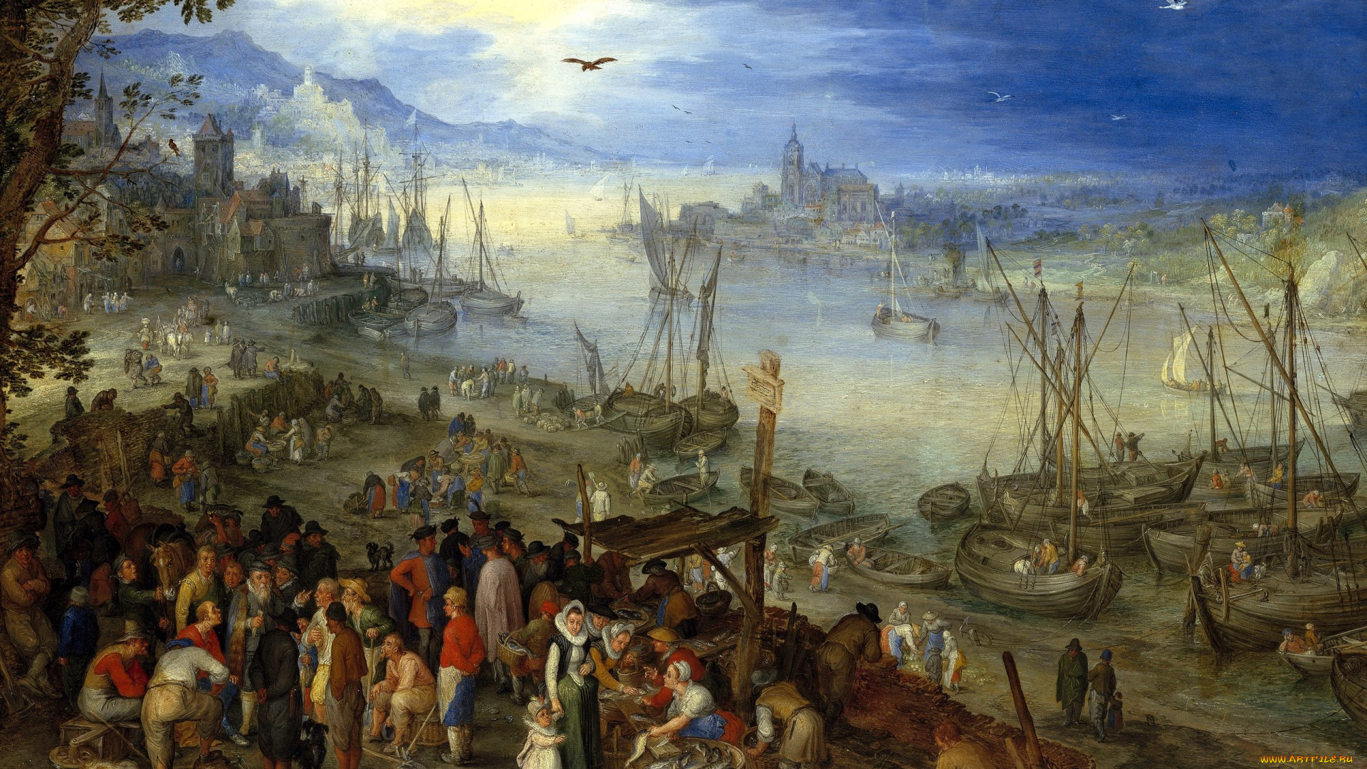 рисованное, живопись, люди, пейзаж, лодки, картина, рыбный, рынок, на, берегу, реки, Ян, брейгель, старший