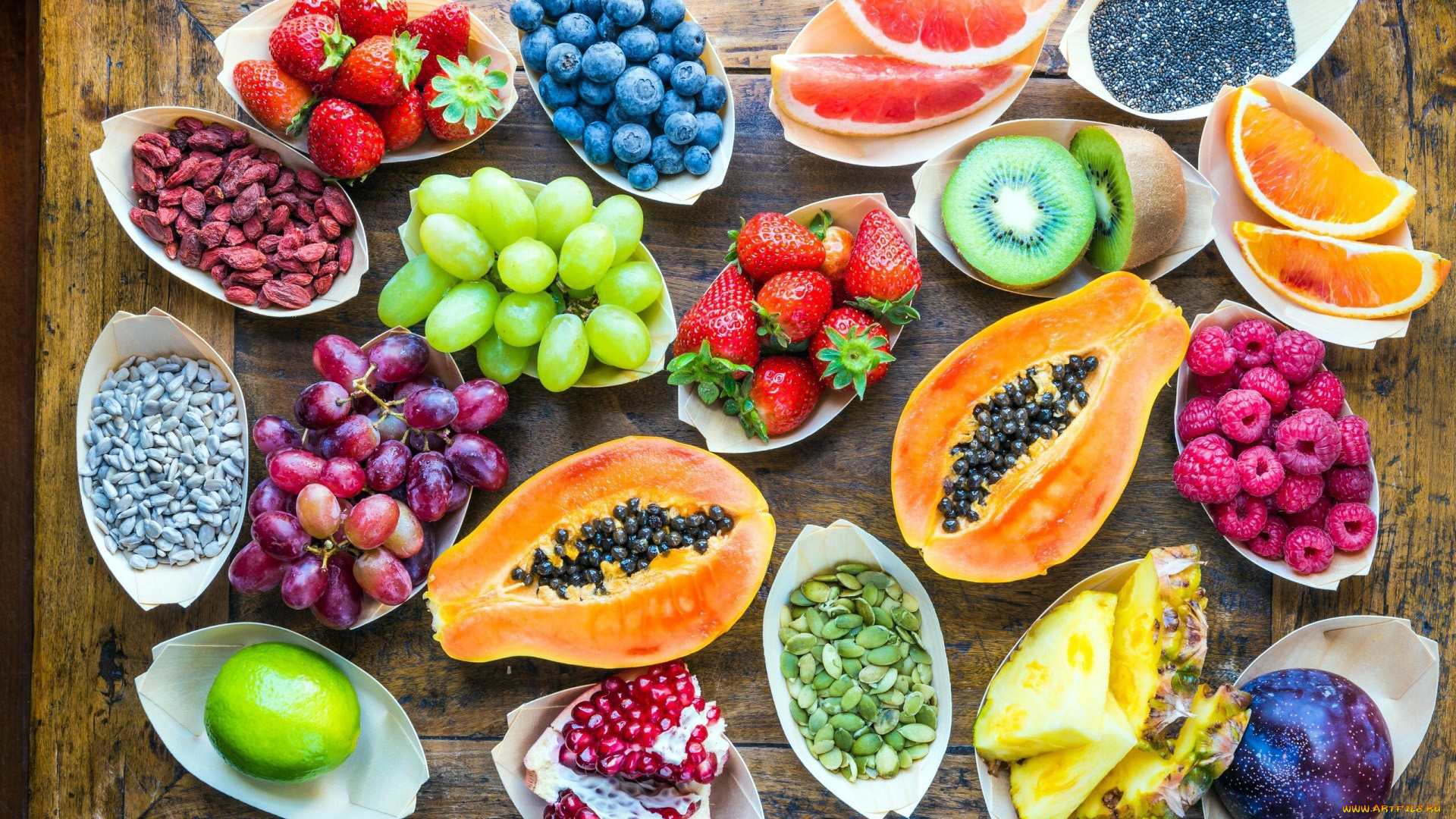 еда, фрукты, , ягоды, папайя, клубника, малина, киви, виноград