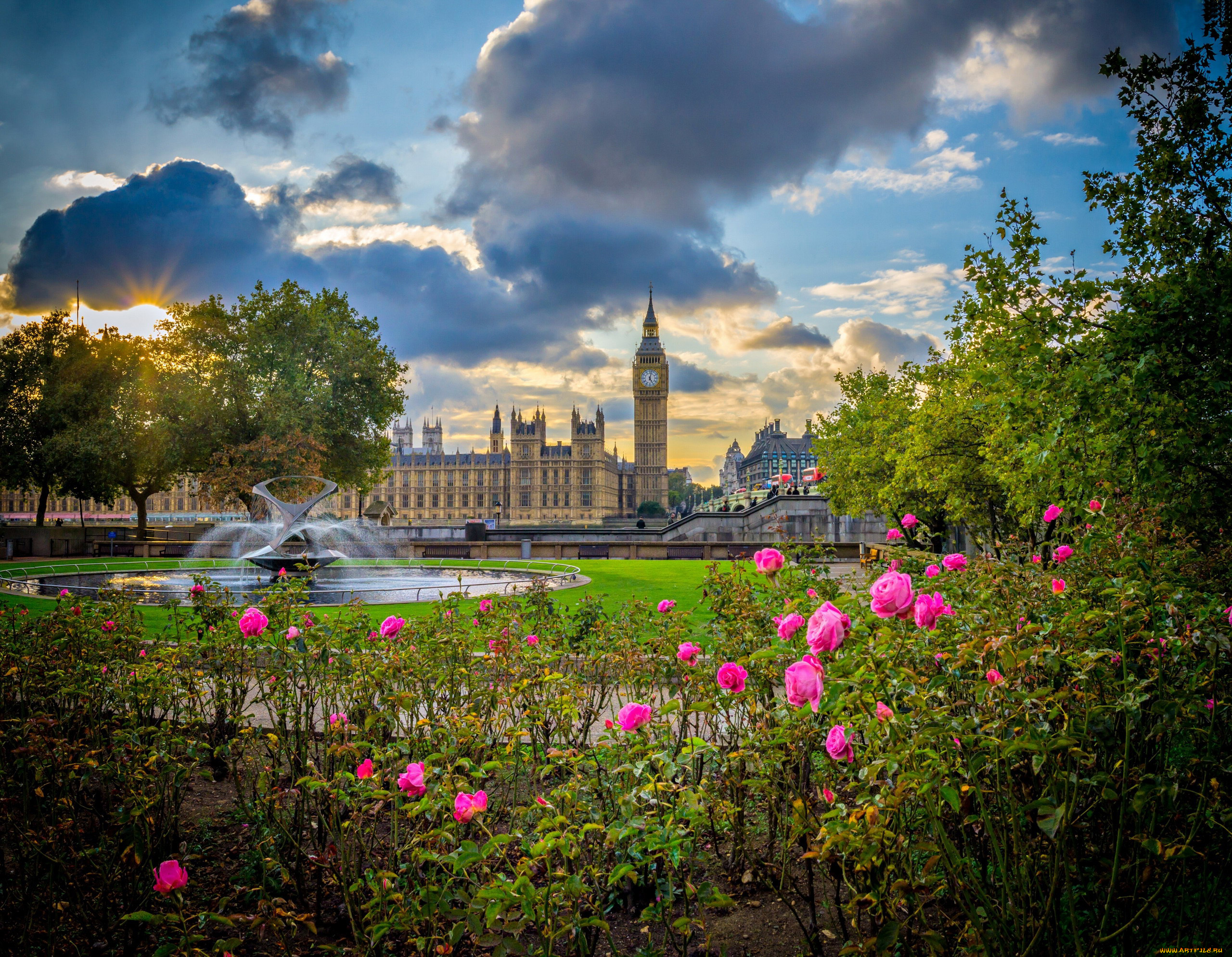 города, лондон, , великобритания, парк, фонтан, цветы