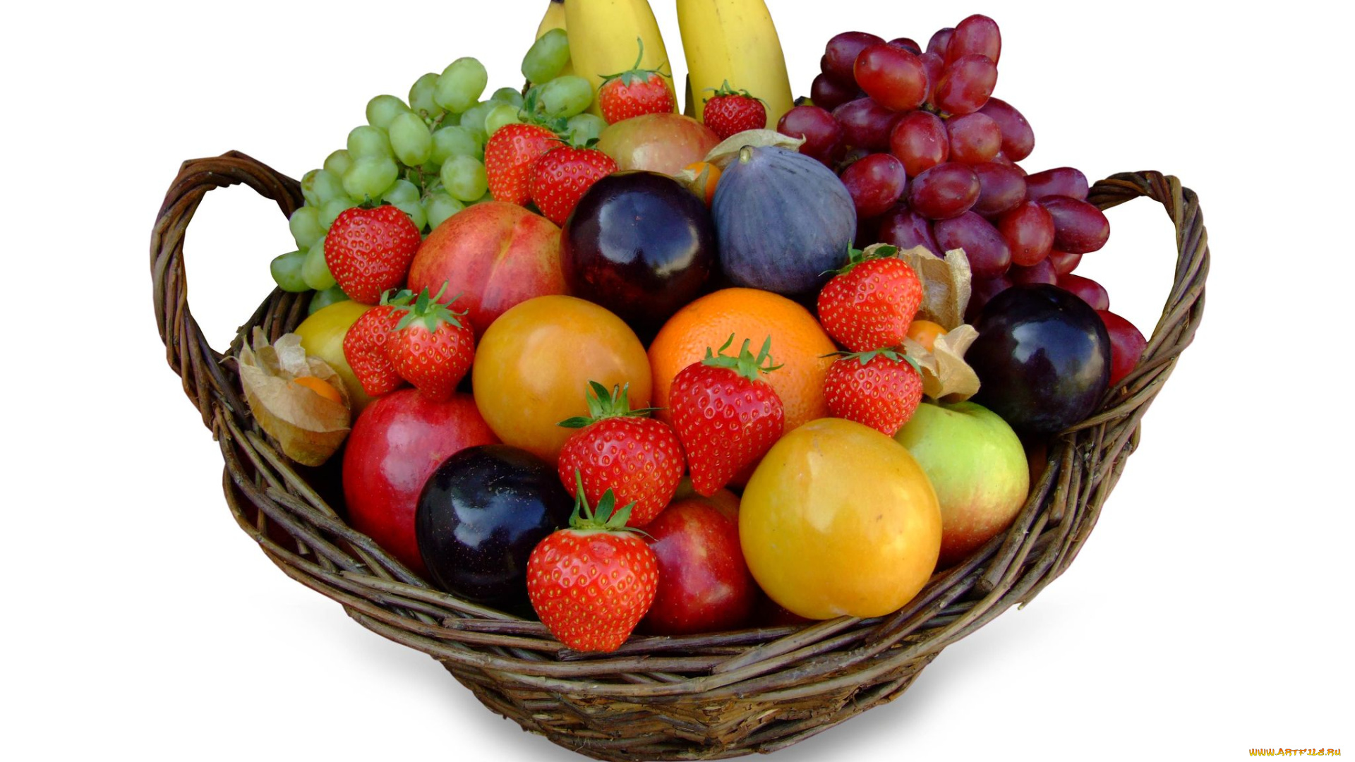 еда, фрукты, ягоды, апельсин, виноград, банан, клубника, корзина