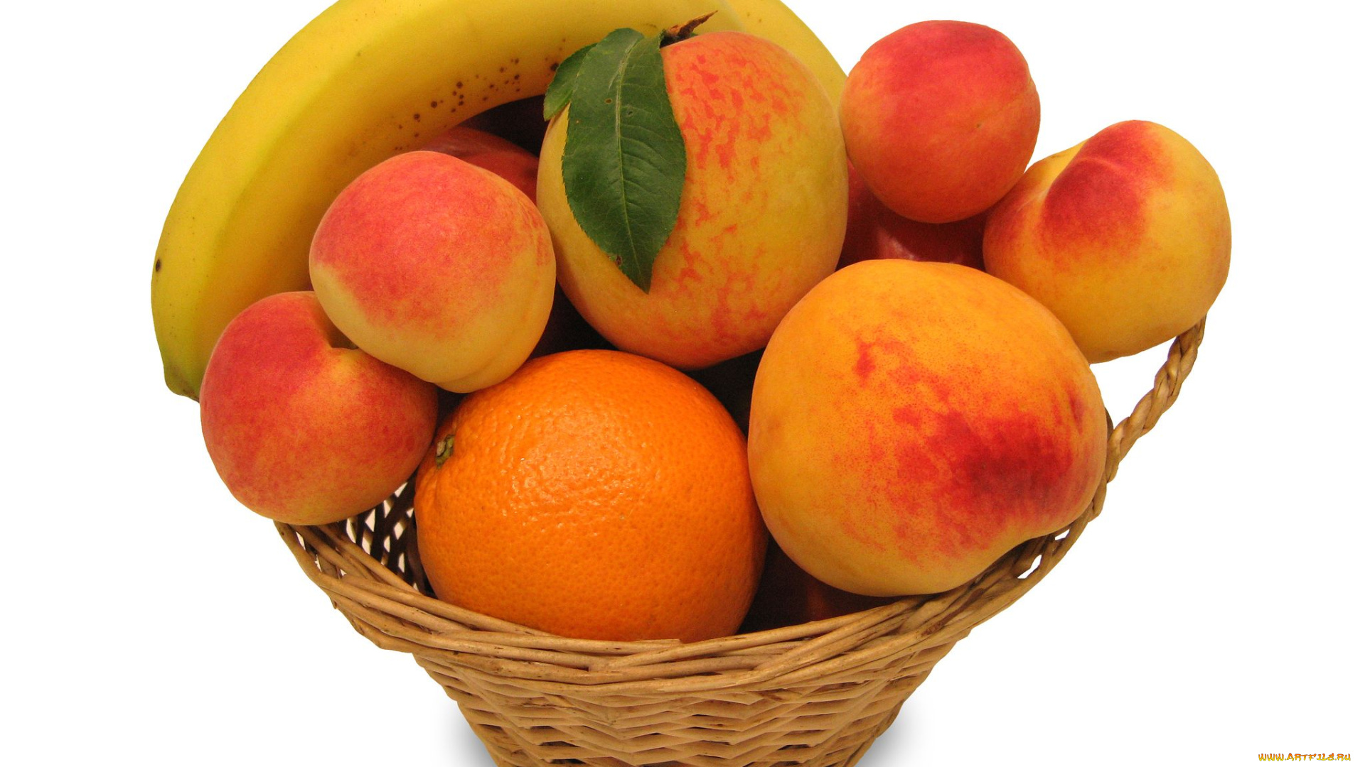 еда, фрукты, ягоды, банан, персик, корзинка, апельсин