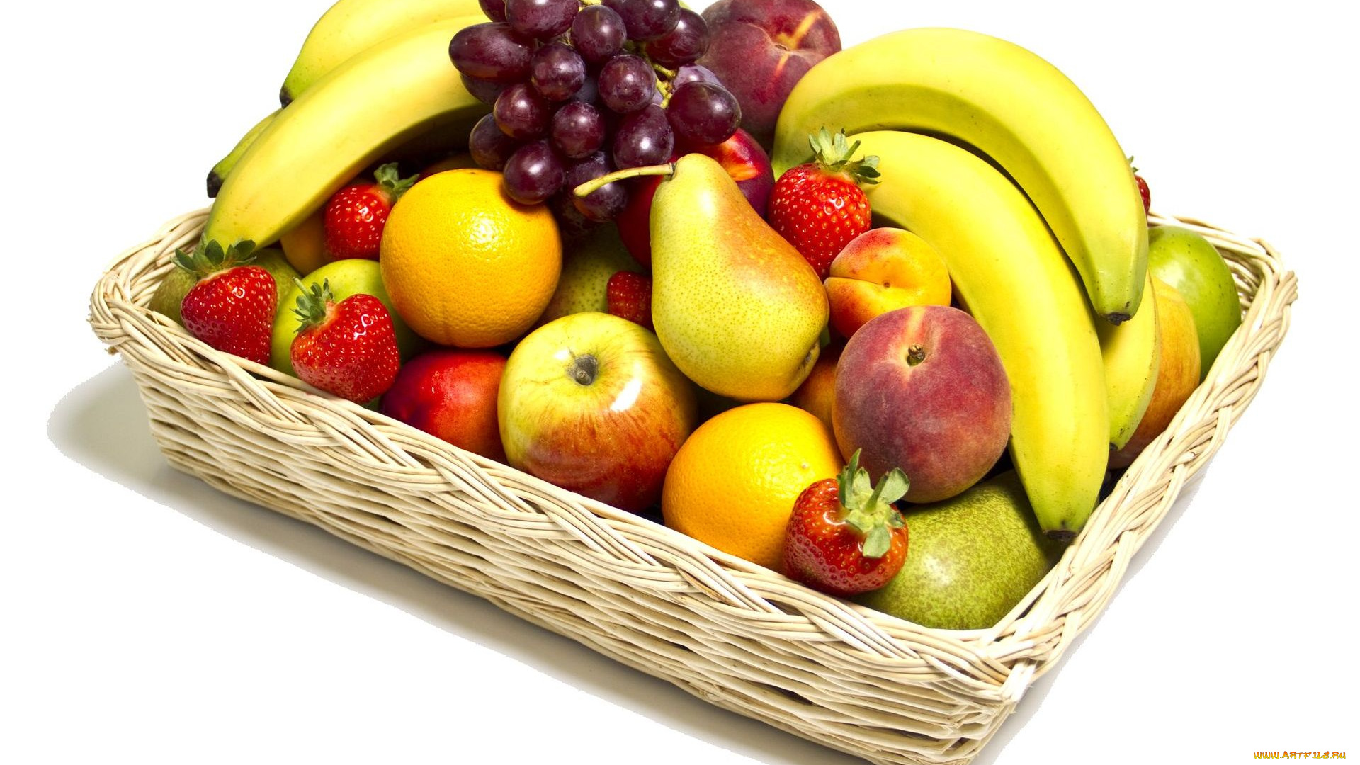 еда, фрукты, ягоды, клубника, яблоко, персик, виноград, банан