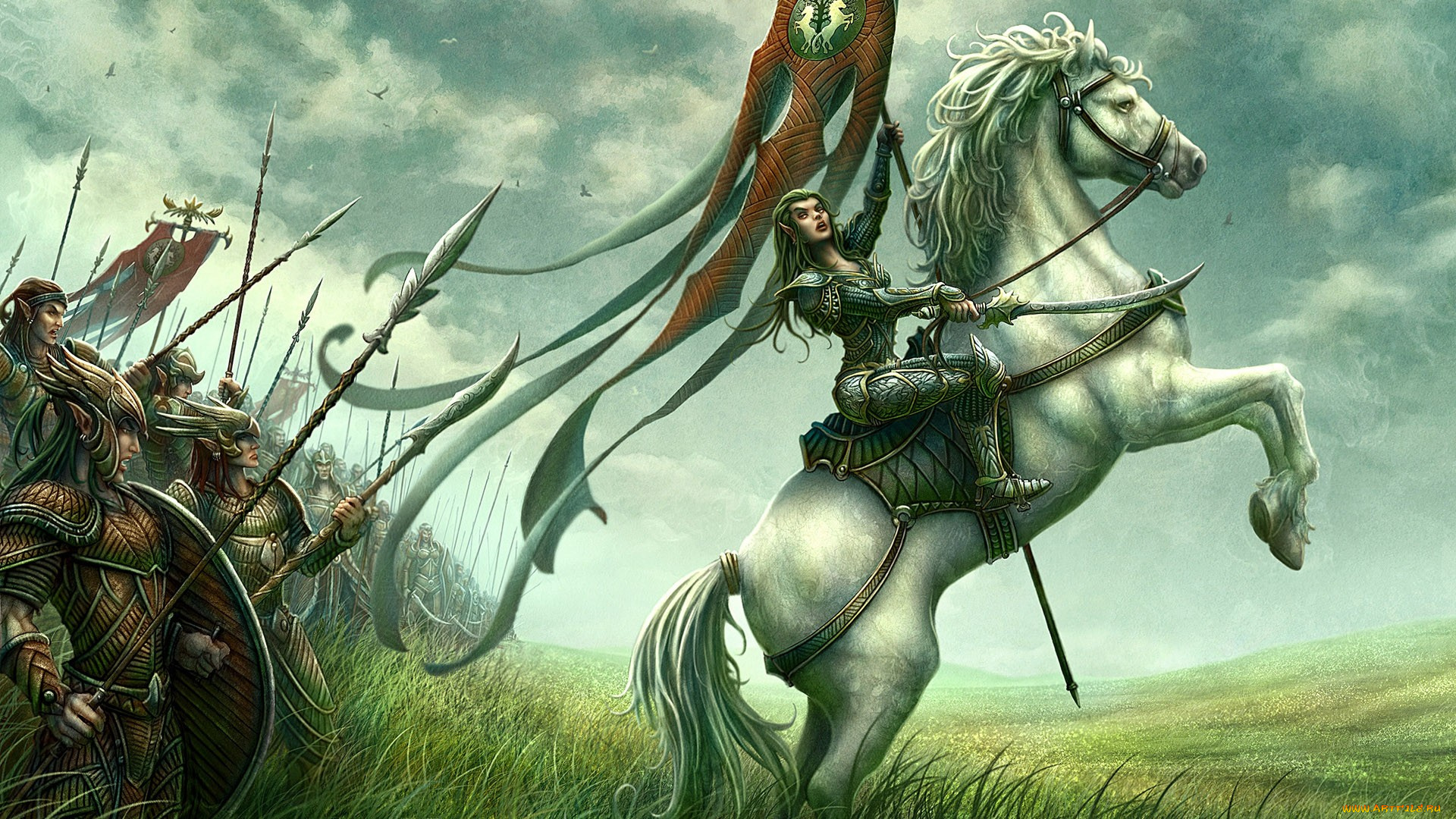 фэнтези, эльфы, доспехи, воины, атака, конь