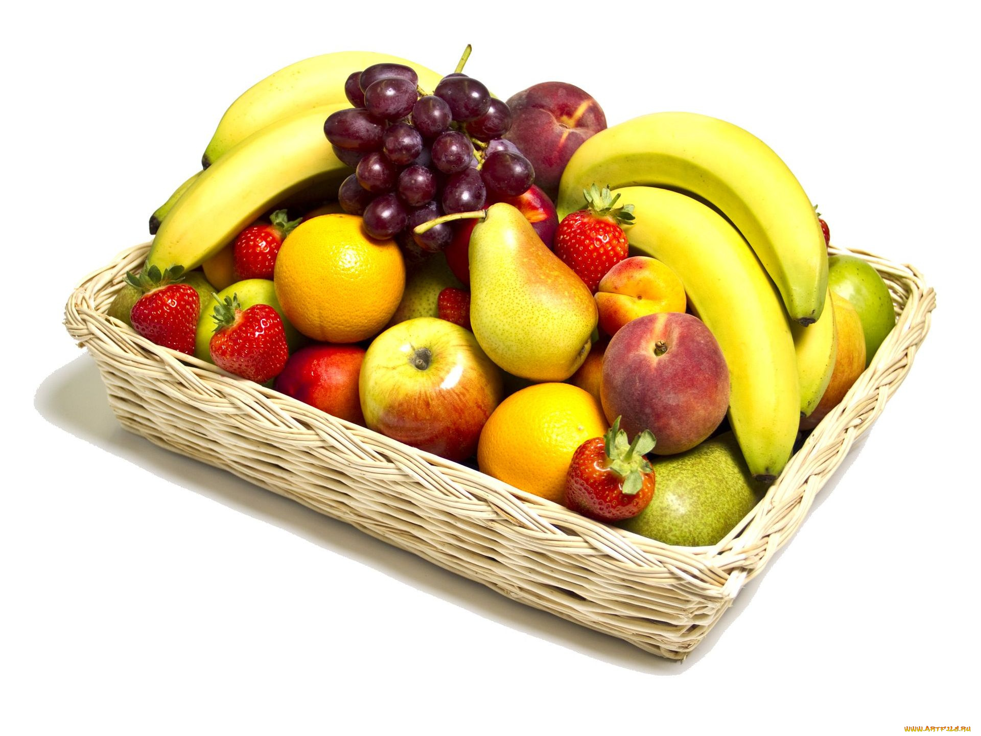 еда, фрукты, ягоды, клубника, яблоко, персик, виноград, банан