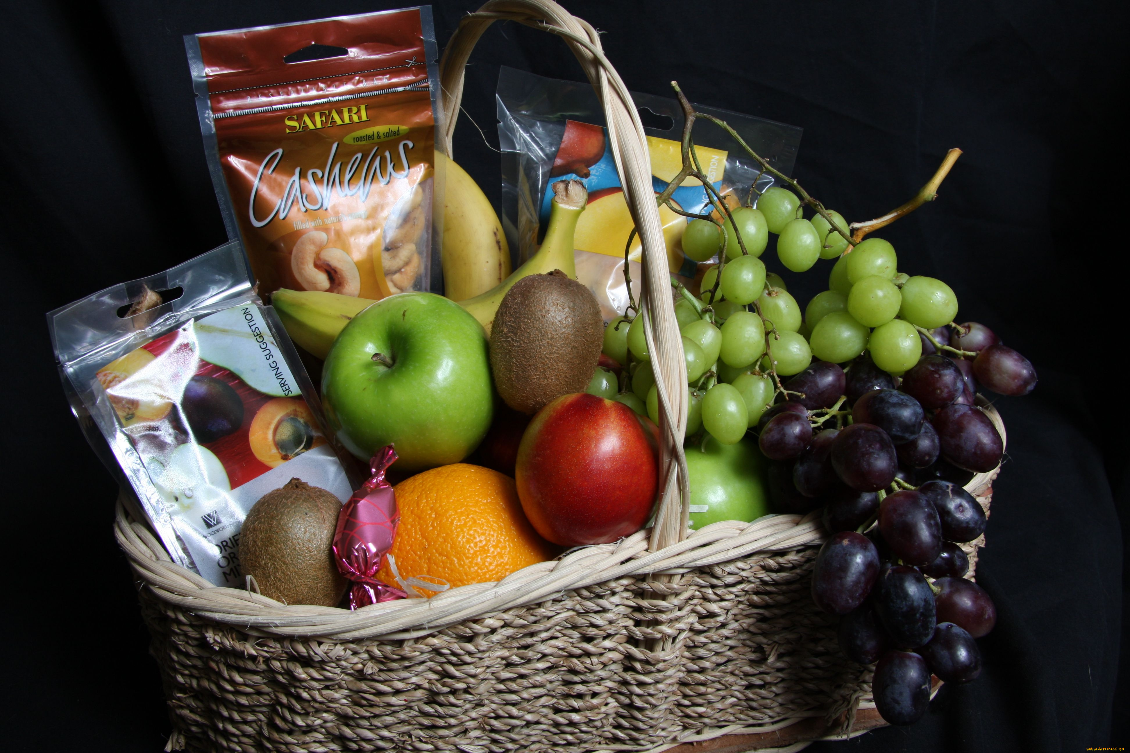 еда, фрукты, ягоды, виноград, корзина, апельсин, яблоко