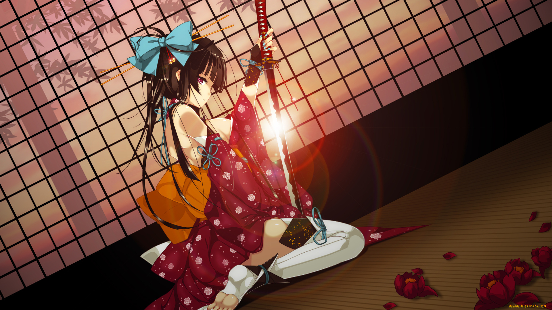refeia, mangaka, аниме, weapon, blood, technology, девушка, меч, кимоно, цветы